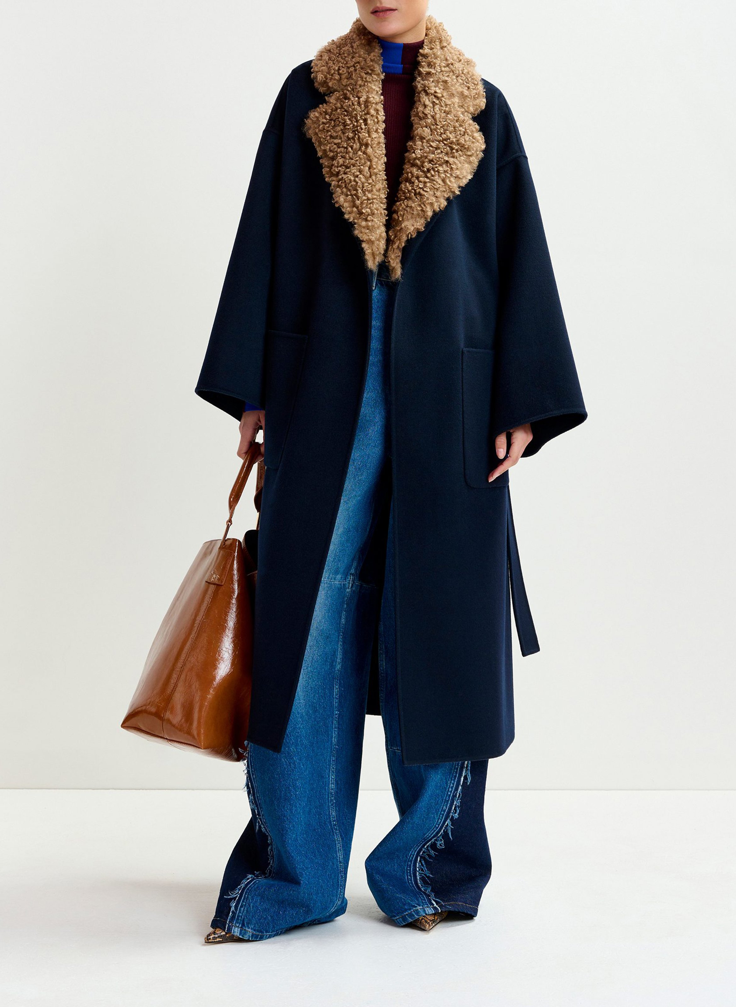 Manteau uni ceinturé en laine irno ESSENTIEL ANTWERP Bleu