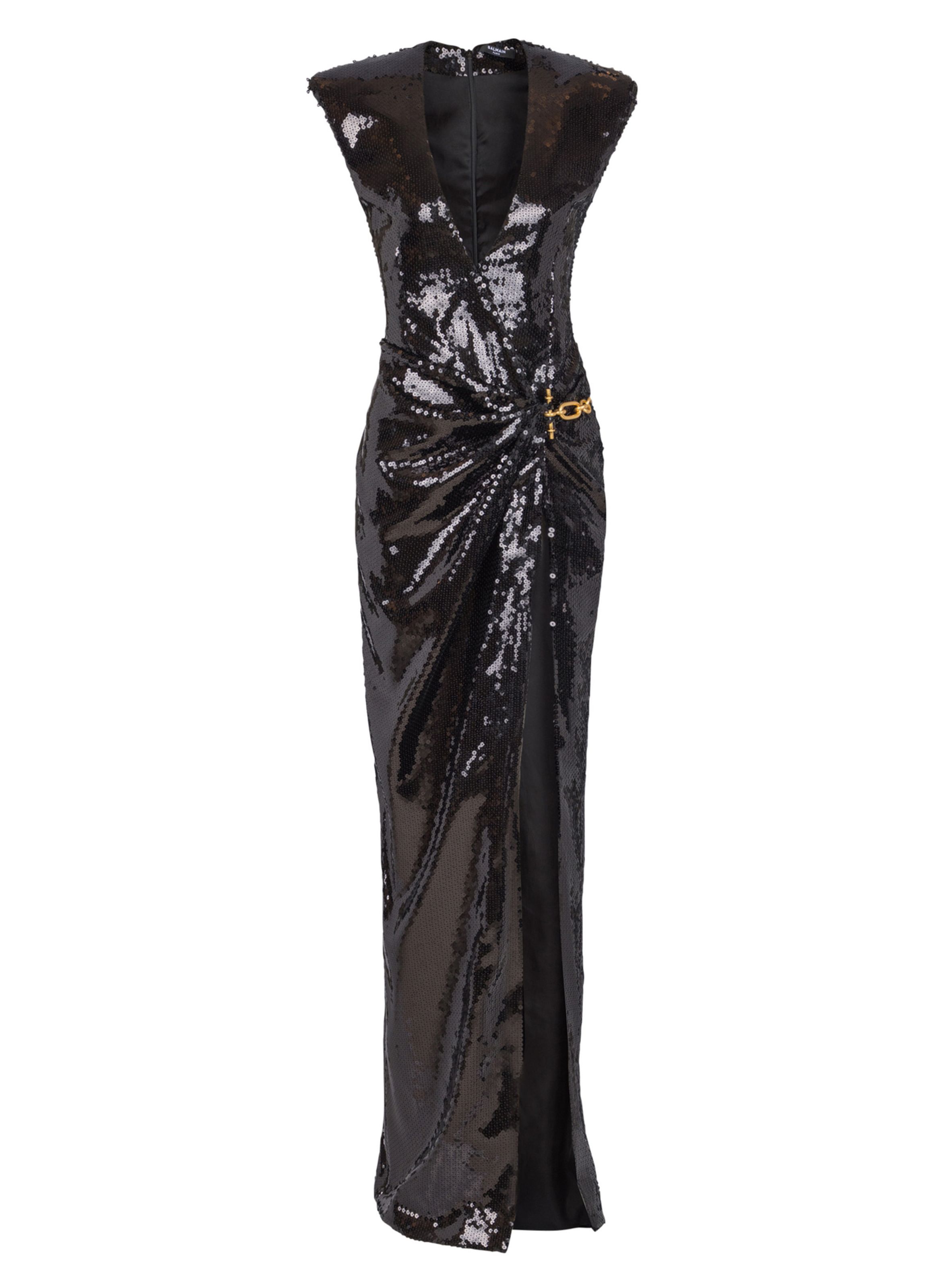 Robe longue drapée à sequins avec détail bijou BALMAIN Noir