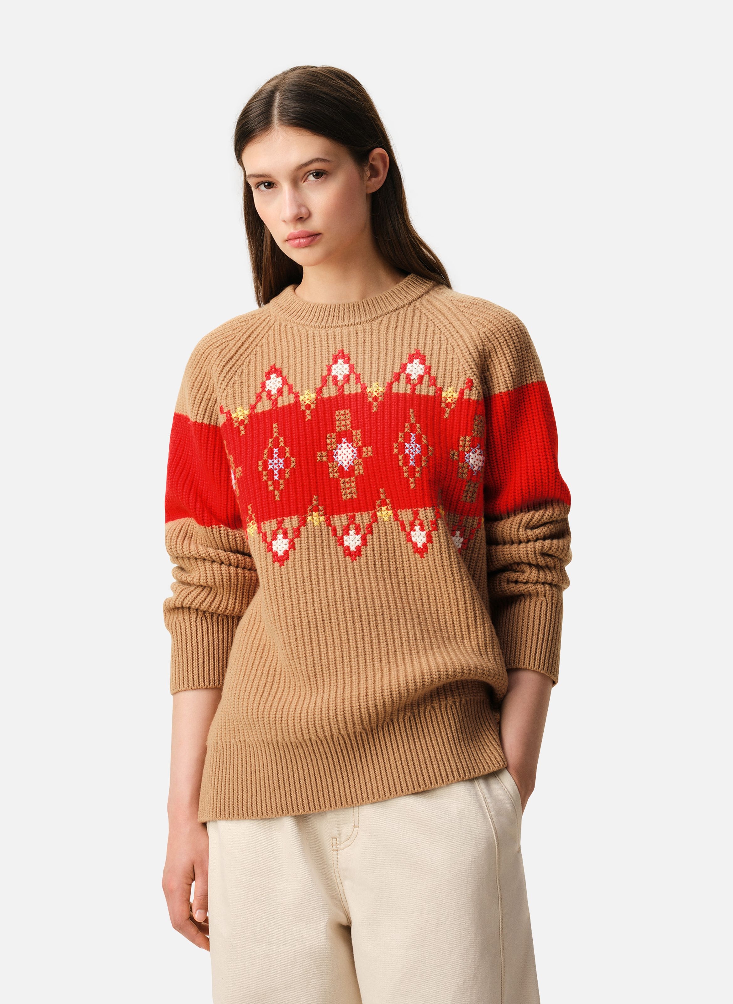 Pull col rond avec motif point de croix en laine unisexe AMI PARIS Marron