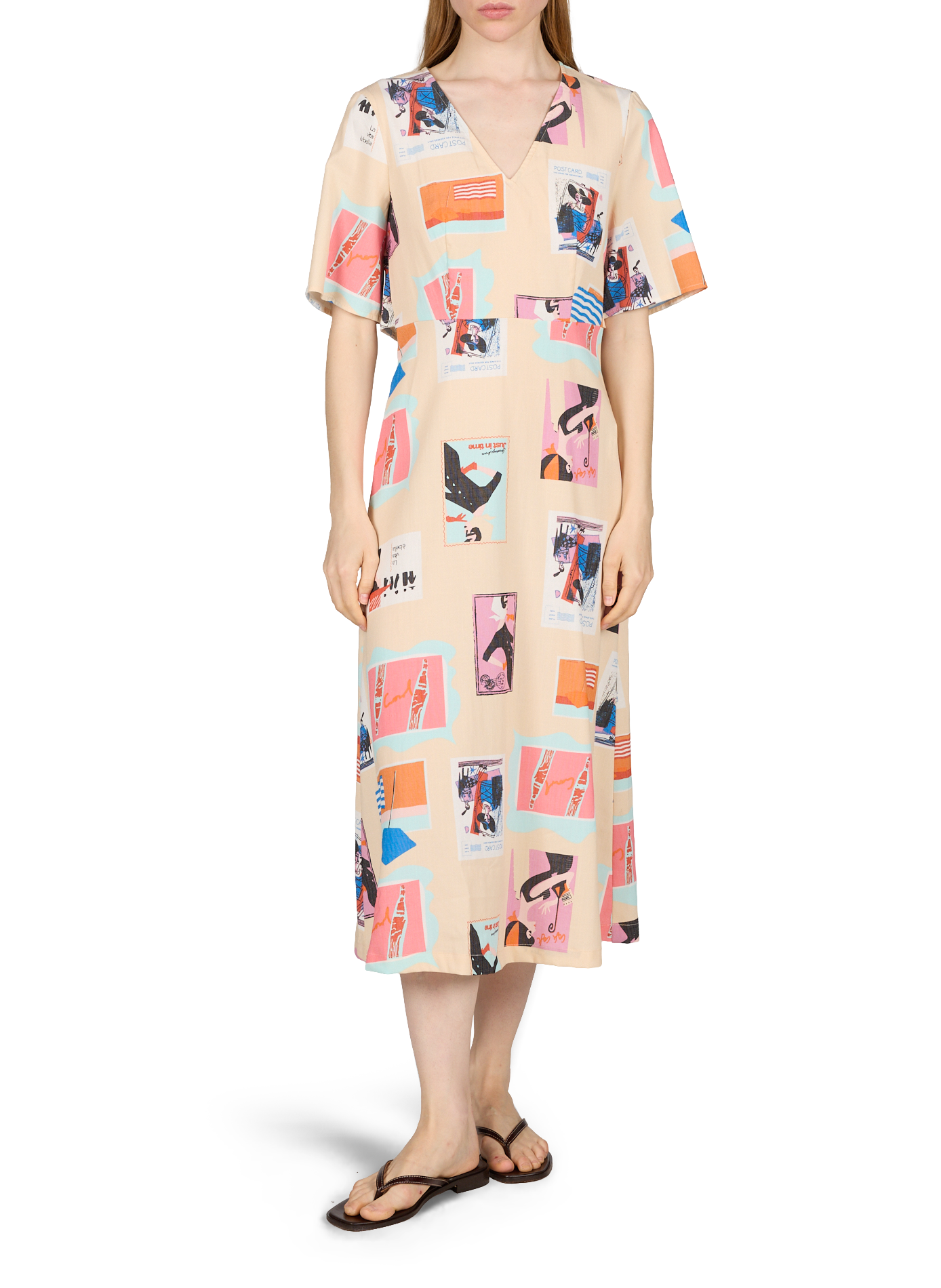 Robe midi col V évasée imprimée OBJECT Beige