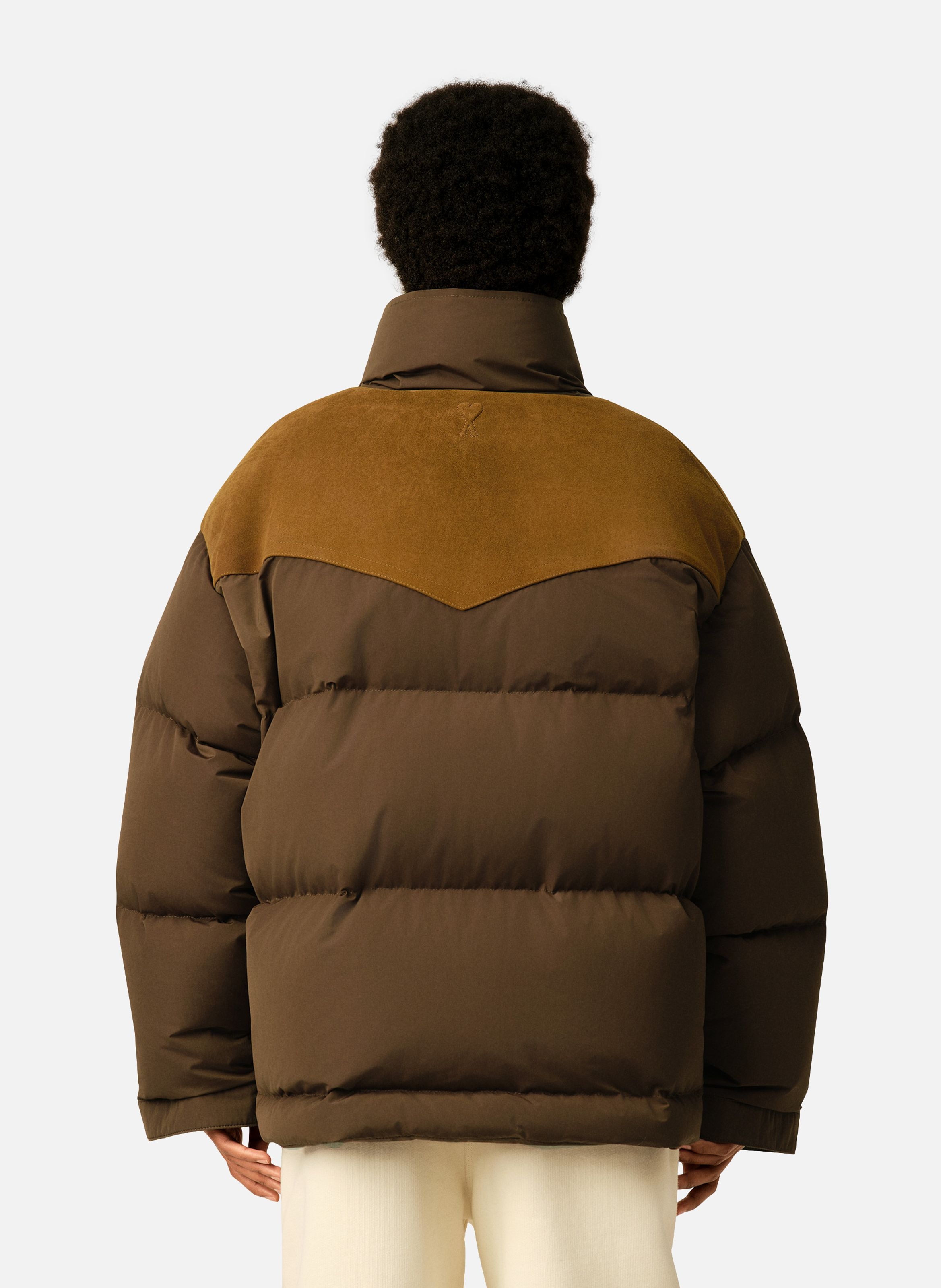 Doudoune unisexe en nylon et coton avec empiècement unisexe en cuir AMI PARIS Marron