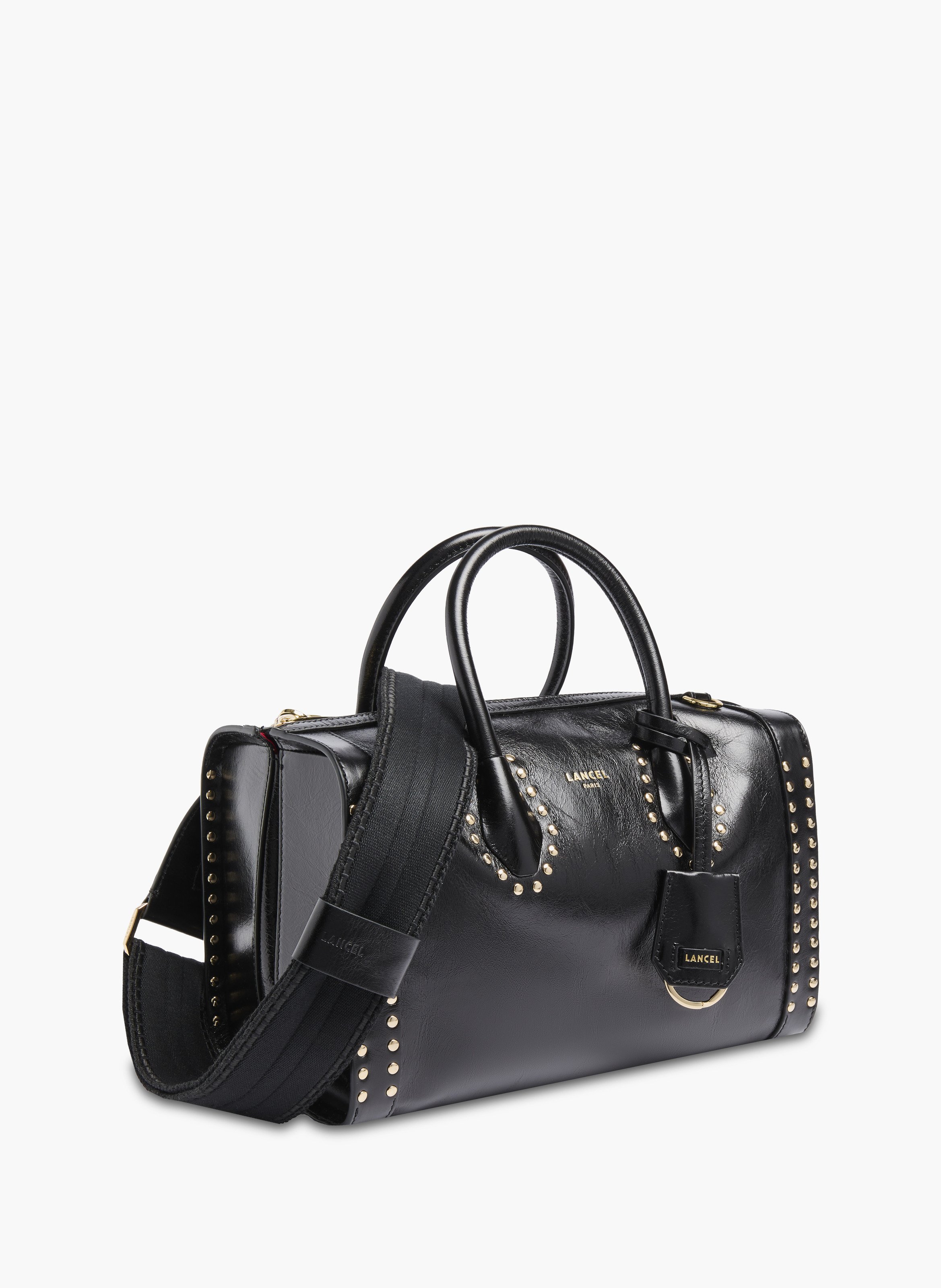 Sac bowling lancel m - cuir pleine fleur vintage avec clous, 30 x 18 x 15 cm. LANCEL Noir