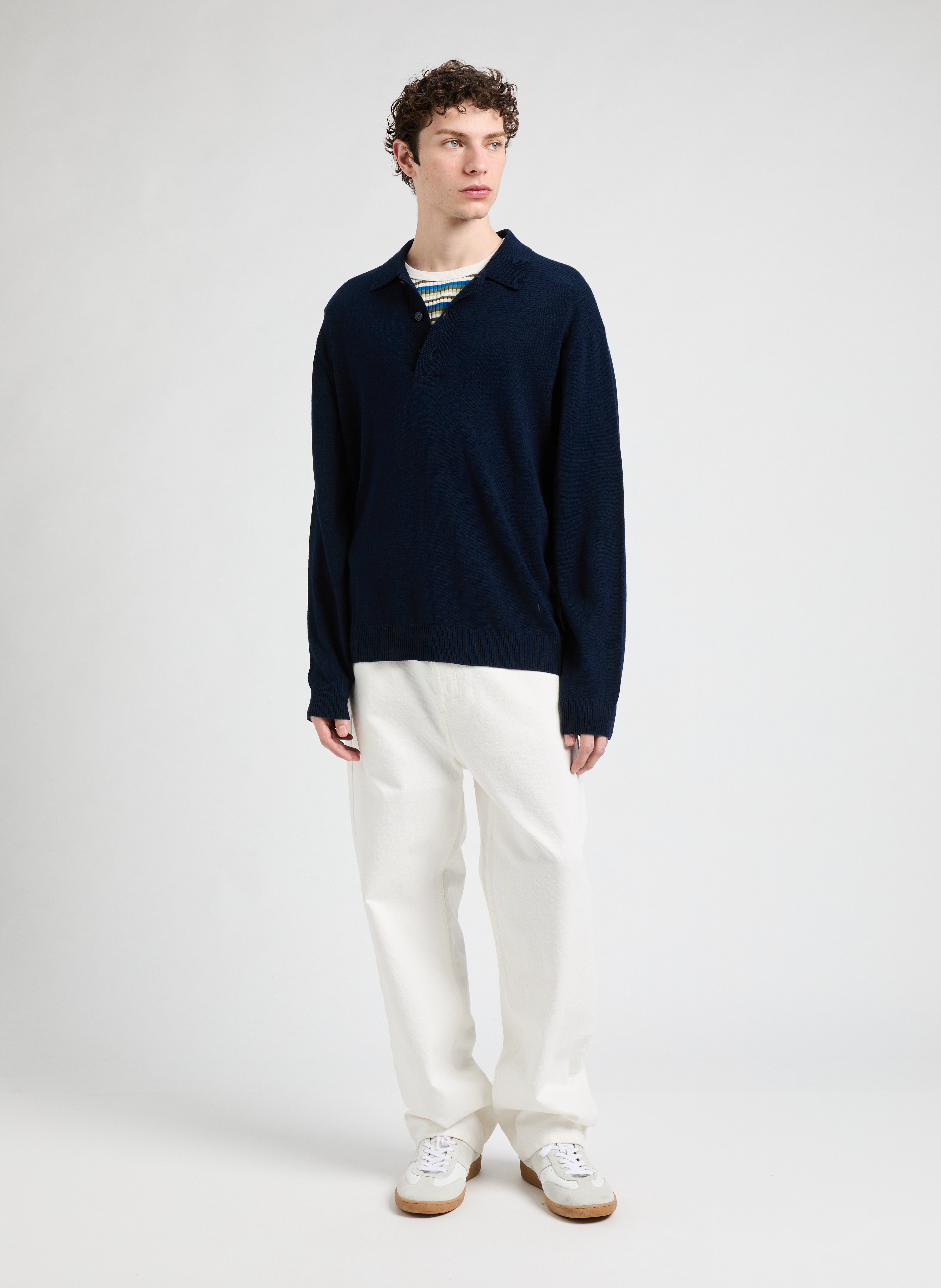 Pull col polo en coton et lin  SAISON 1865 Bleu