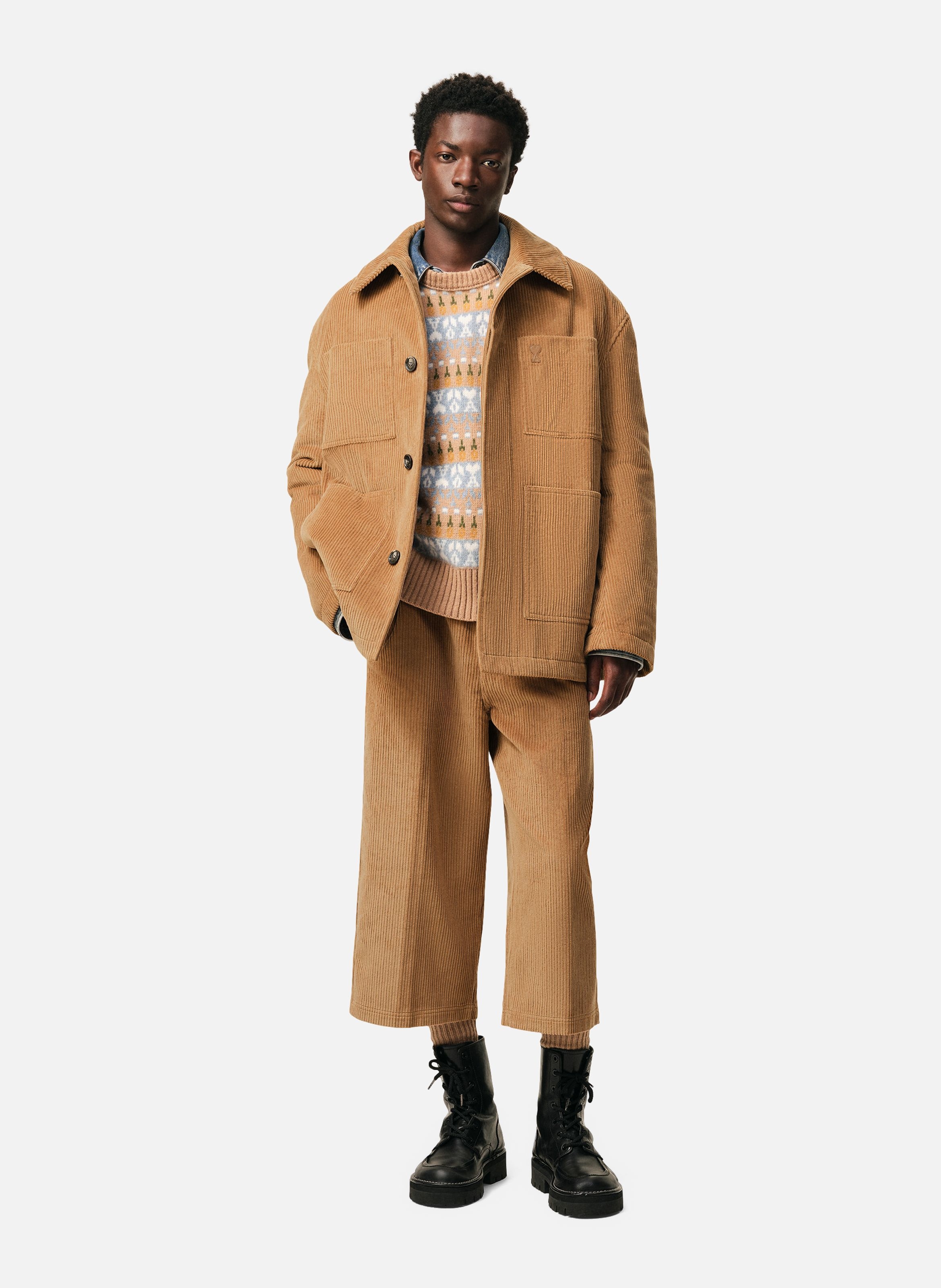 Veste worker en velours en coton unisexe AMI PARIS Marron