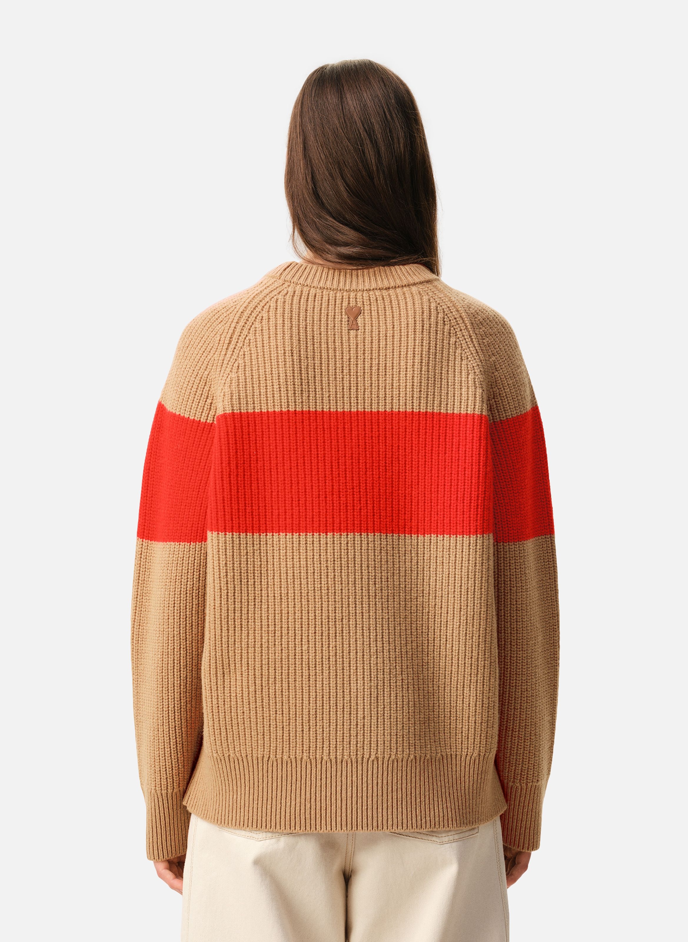 Pull col rond avec motif point de croix en laine unisexe AMI PARIS Marron