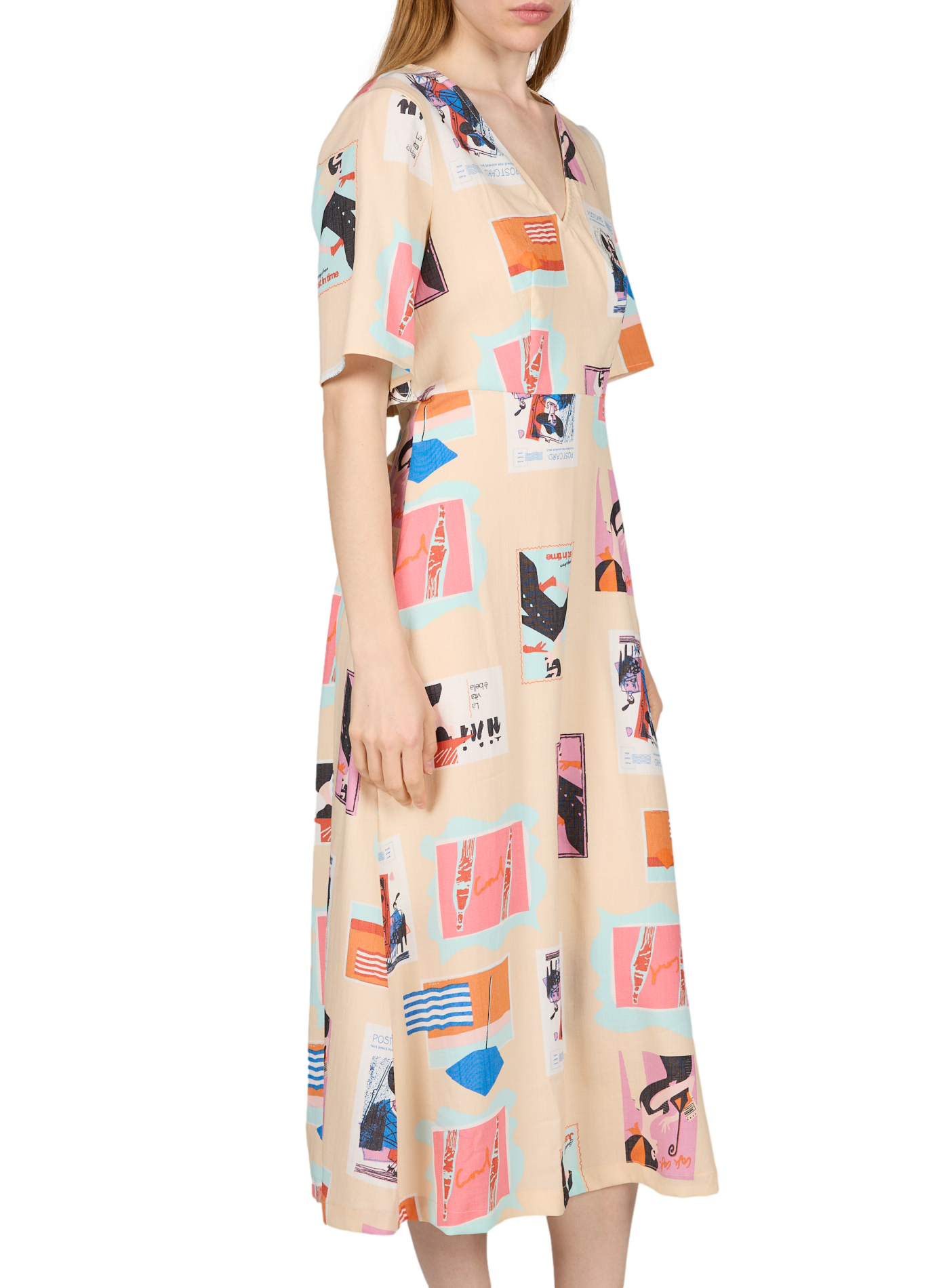 Robe midi col V évasée imprimée OBJECT Beige