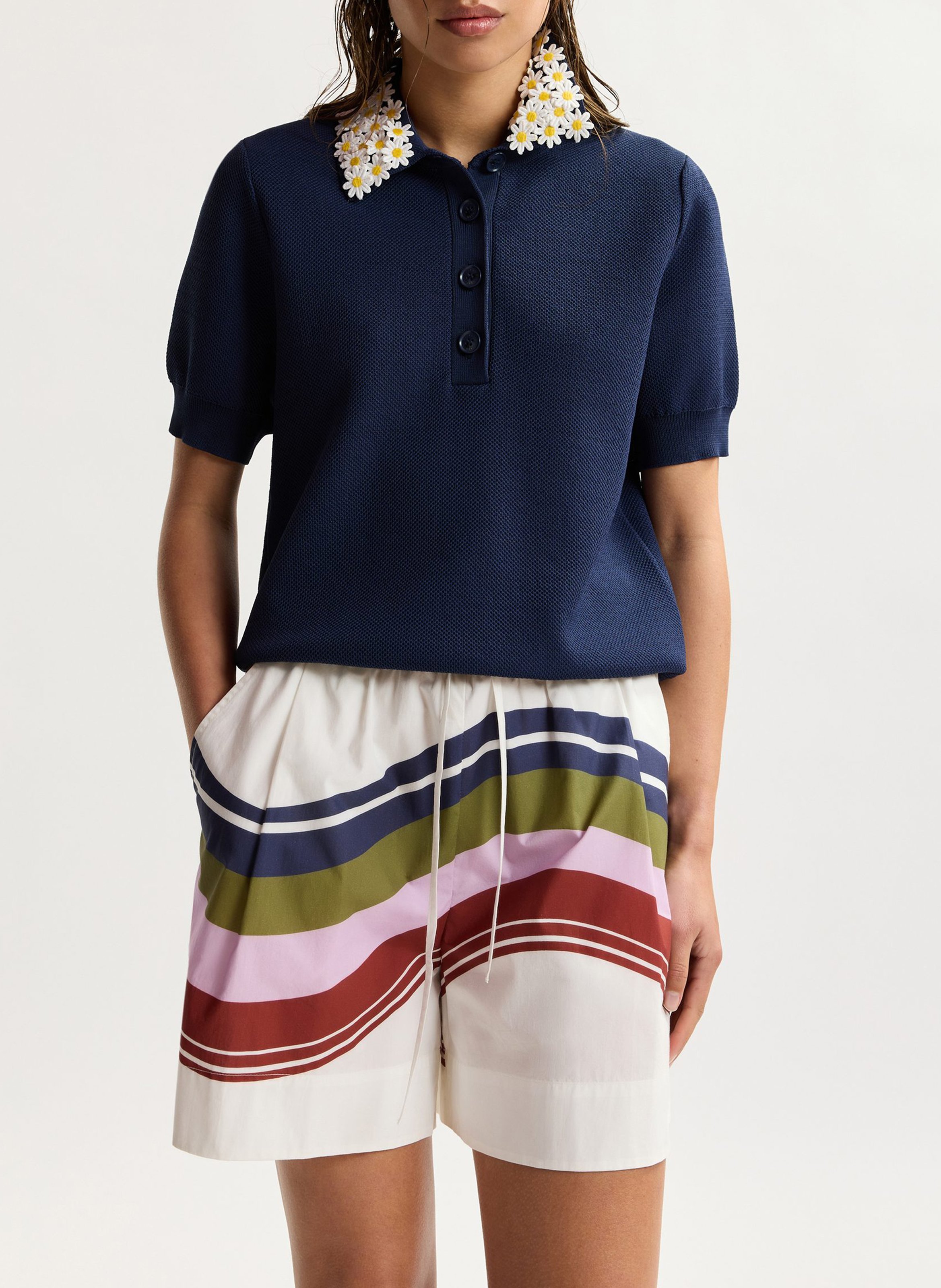 Polo manches courtes uni à fleurs jember  Jaune blanc bleu fonc