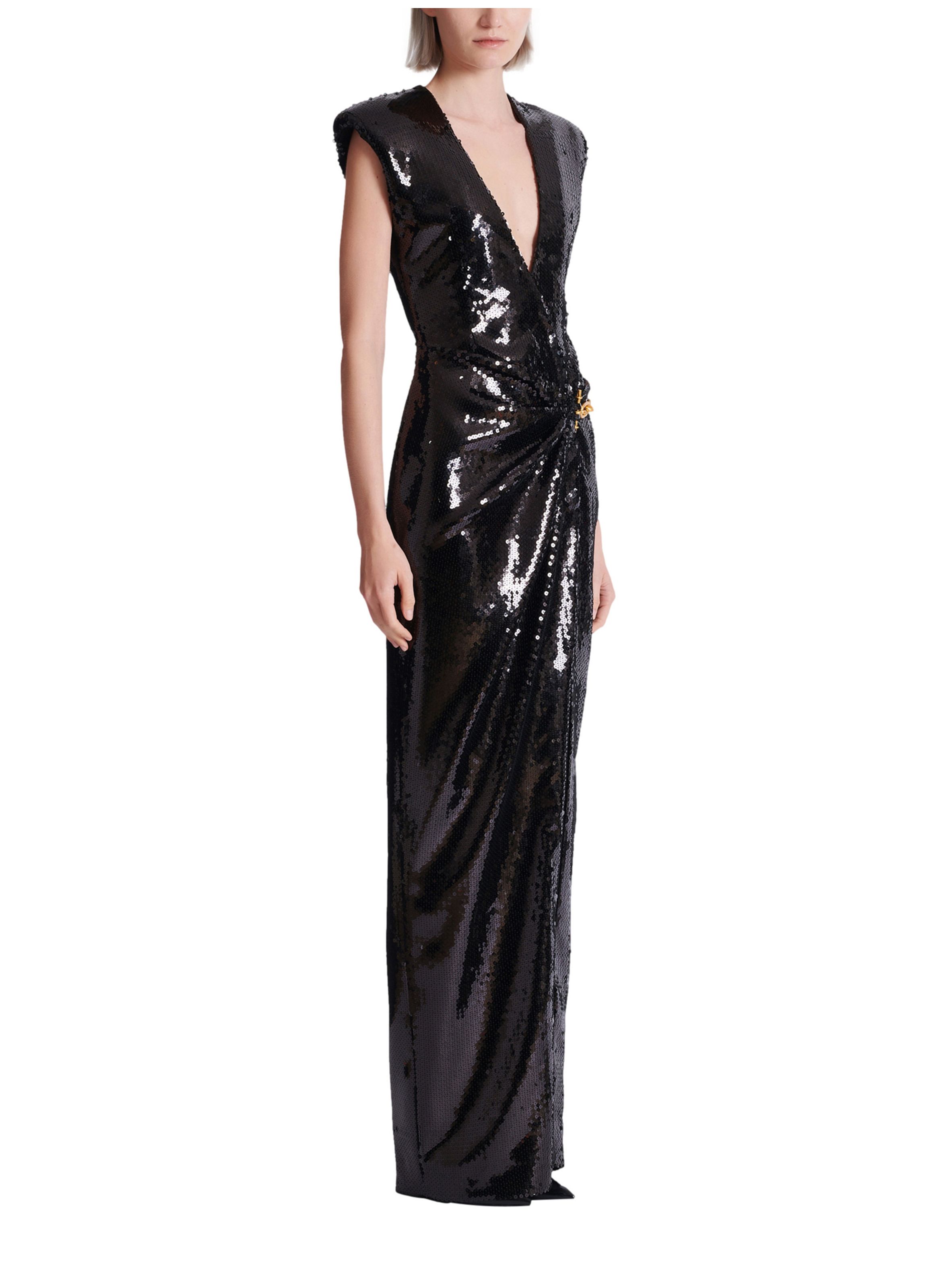 Robe longue drapée à sequins avec détail bijou BALMAIN Noir