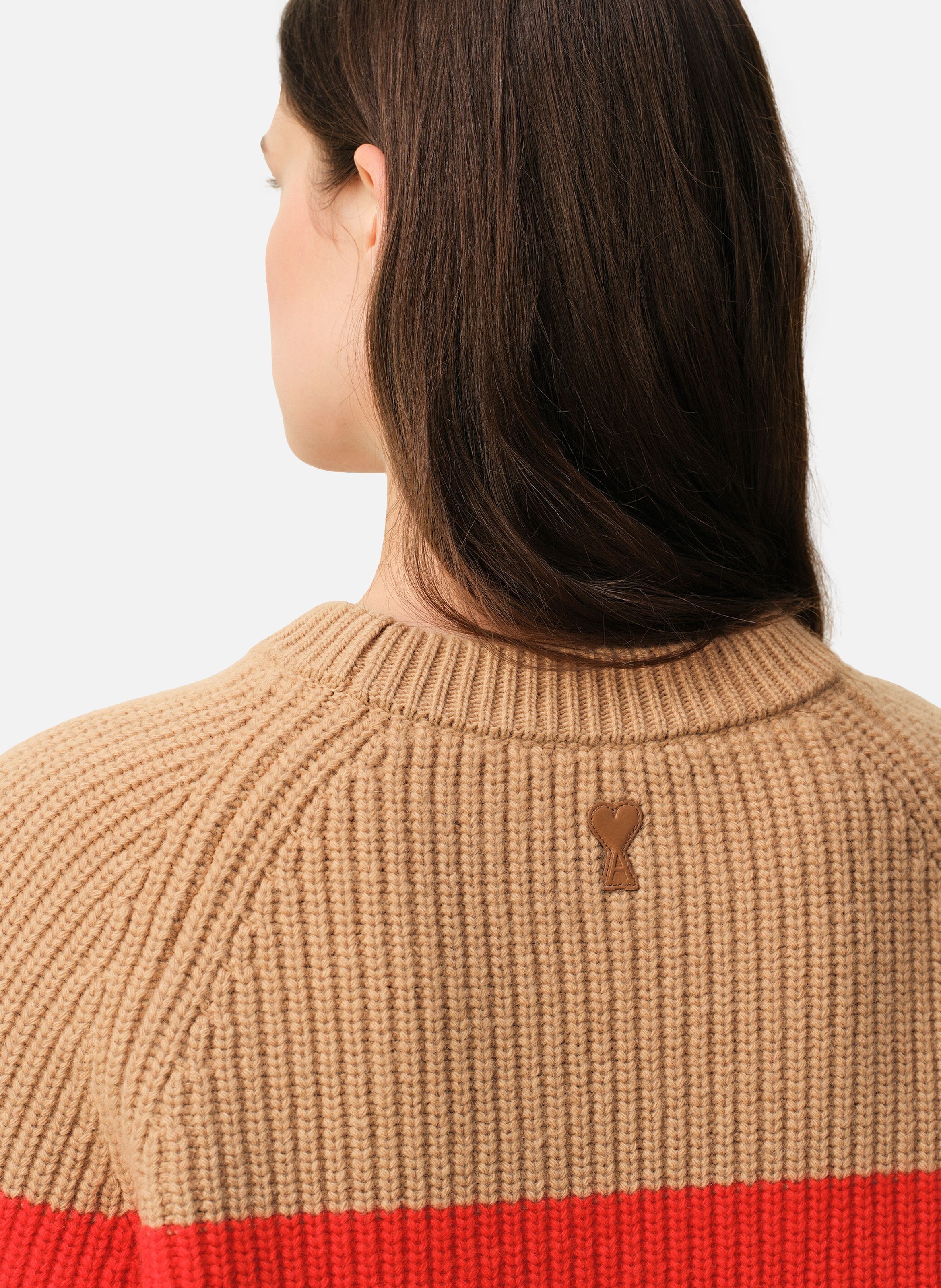 Pull col rond avec motif point de croix en laine unisexe AMI PARIS Marron