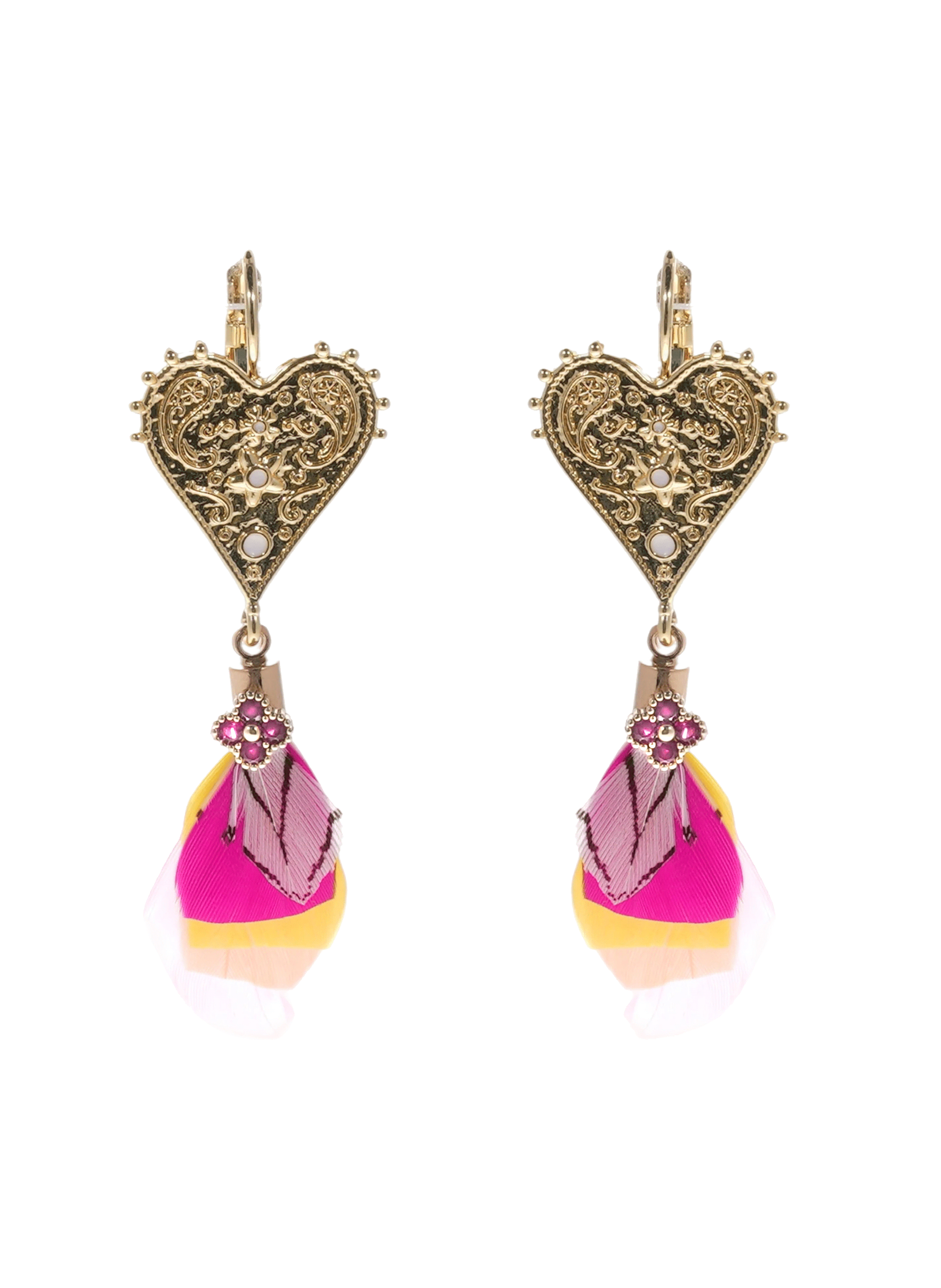 Boucles d'oreilles dormeuses pendantes cœur martelé et plumes pamila HIPANEMA Rose