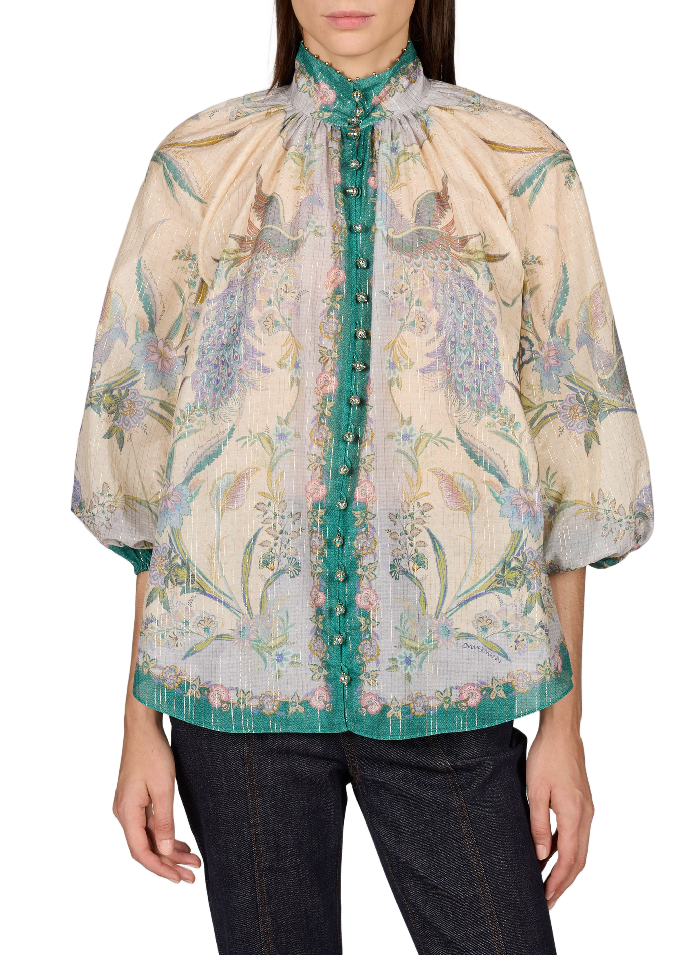 Billow Indra blouse with floral print in blended cotton ZIMMERMANN Green