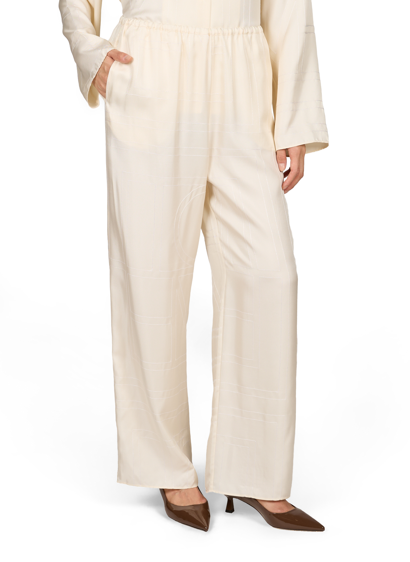 Pantalon à broderie géométrique en soie TOTEME Beige