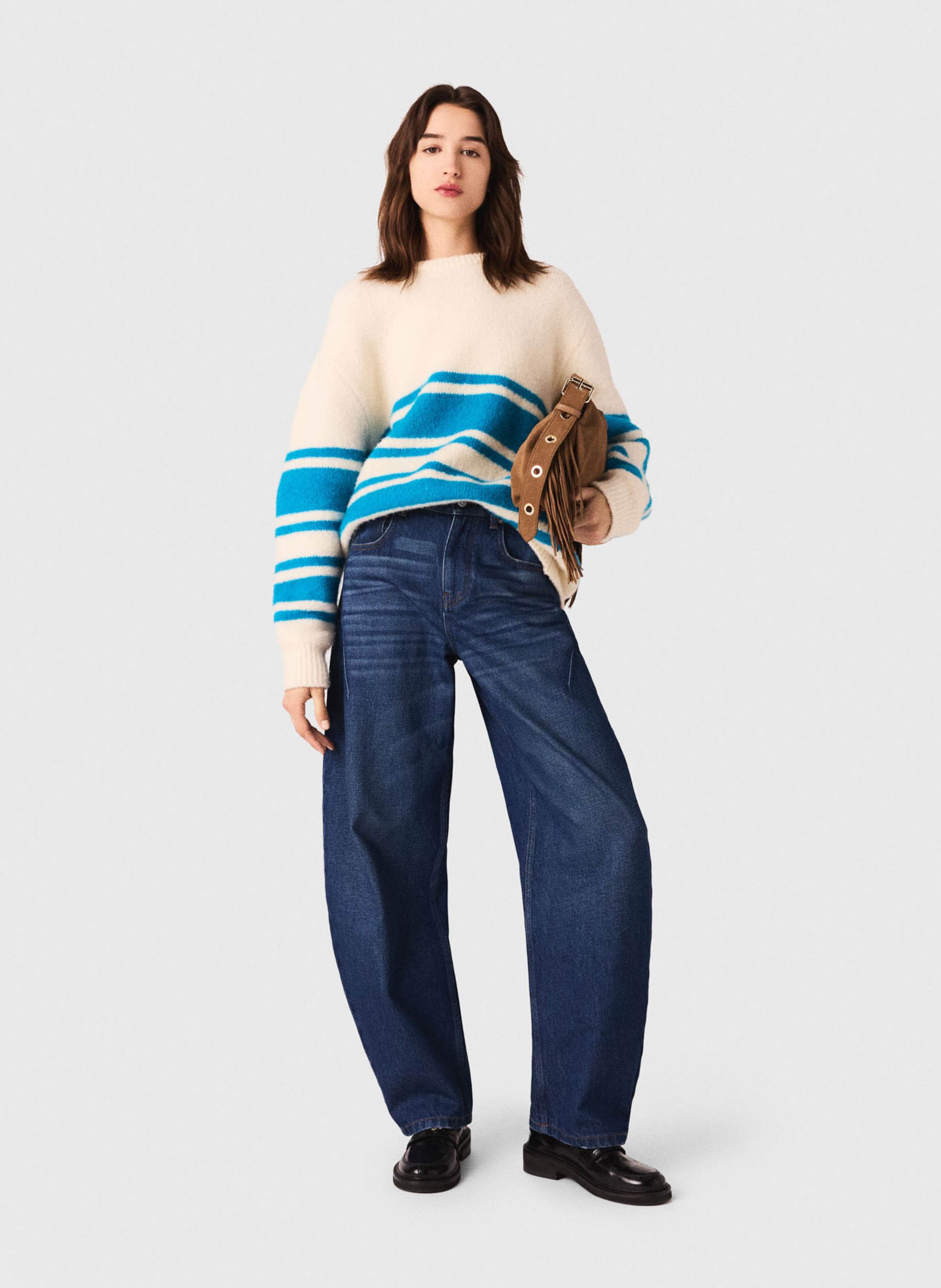 Pull col rond rayures en laine mélangée MAJE Beige