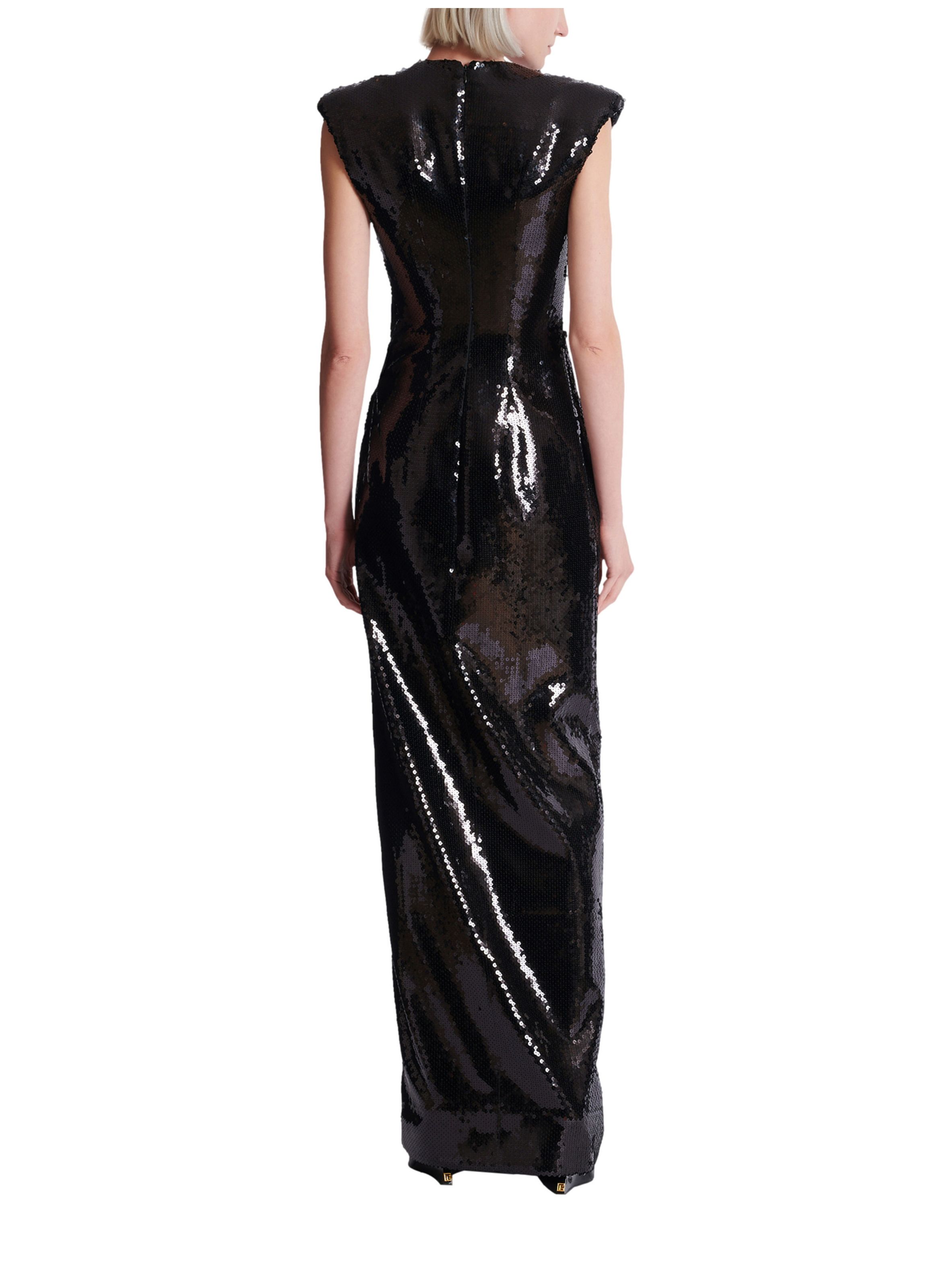 Robe longue drapée à sequins avec détail bijou BALMAIN Noir