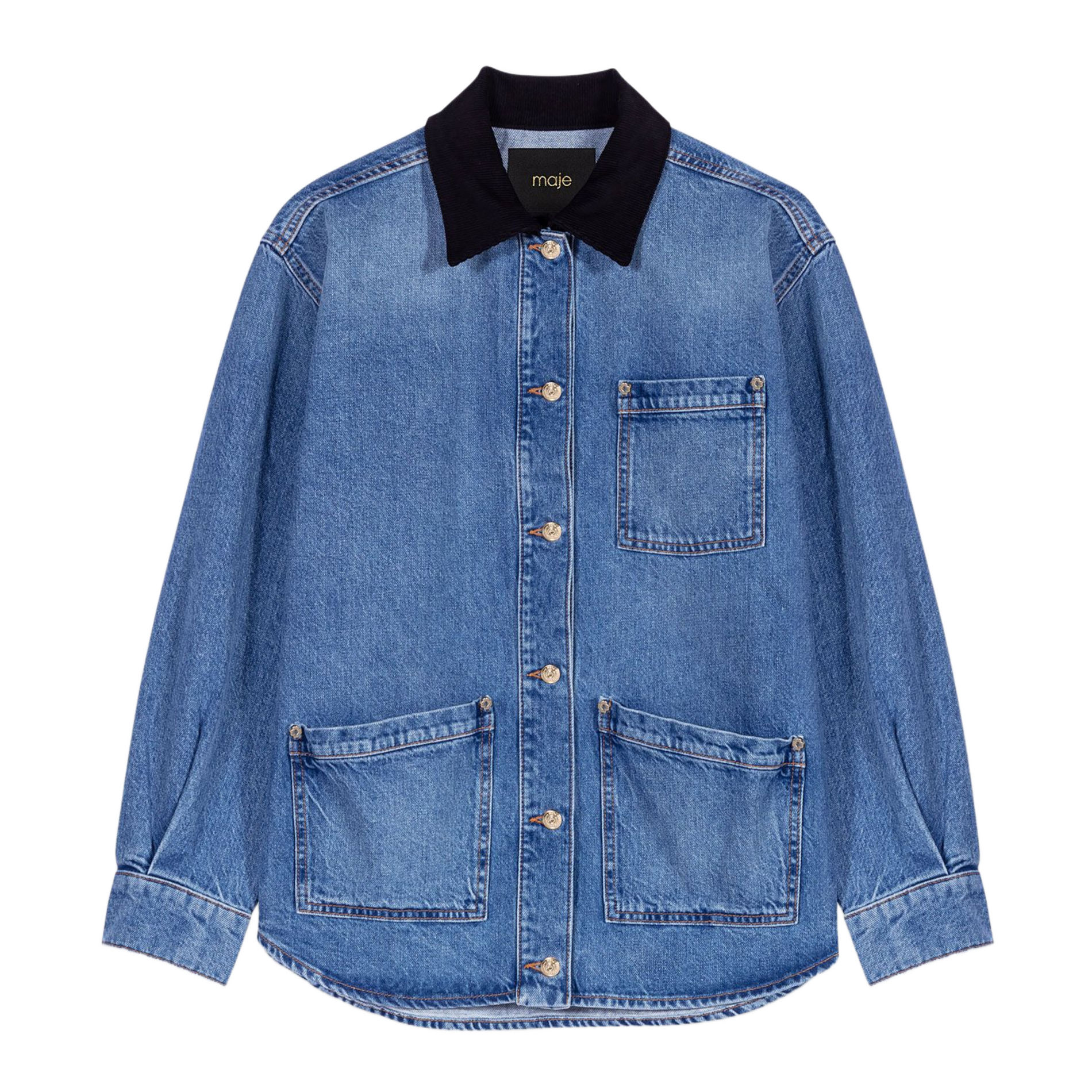 Blouson col rond en denim de coton MAJE Bleu