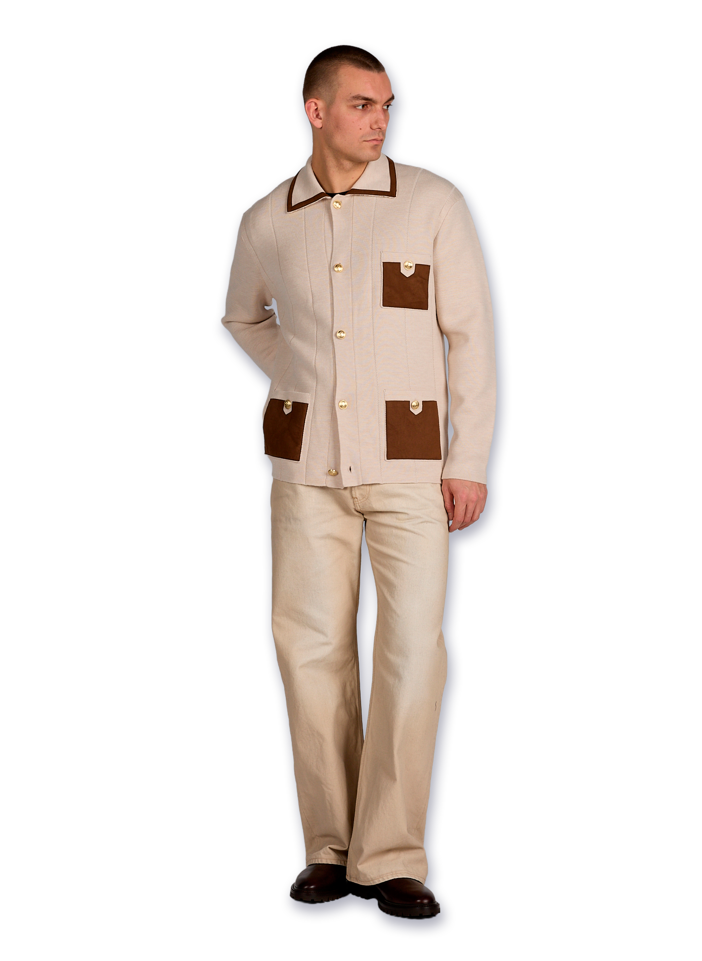 Ribbed cardigan with classic merino wool collar DROLE DE MONSIEUR Beige