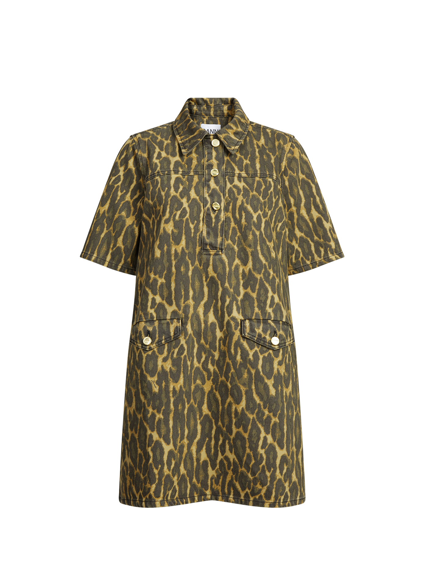 Robe courte chemise imprimée en coton GANNI Kaki