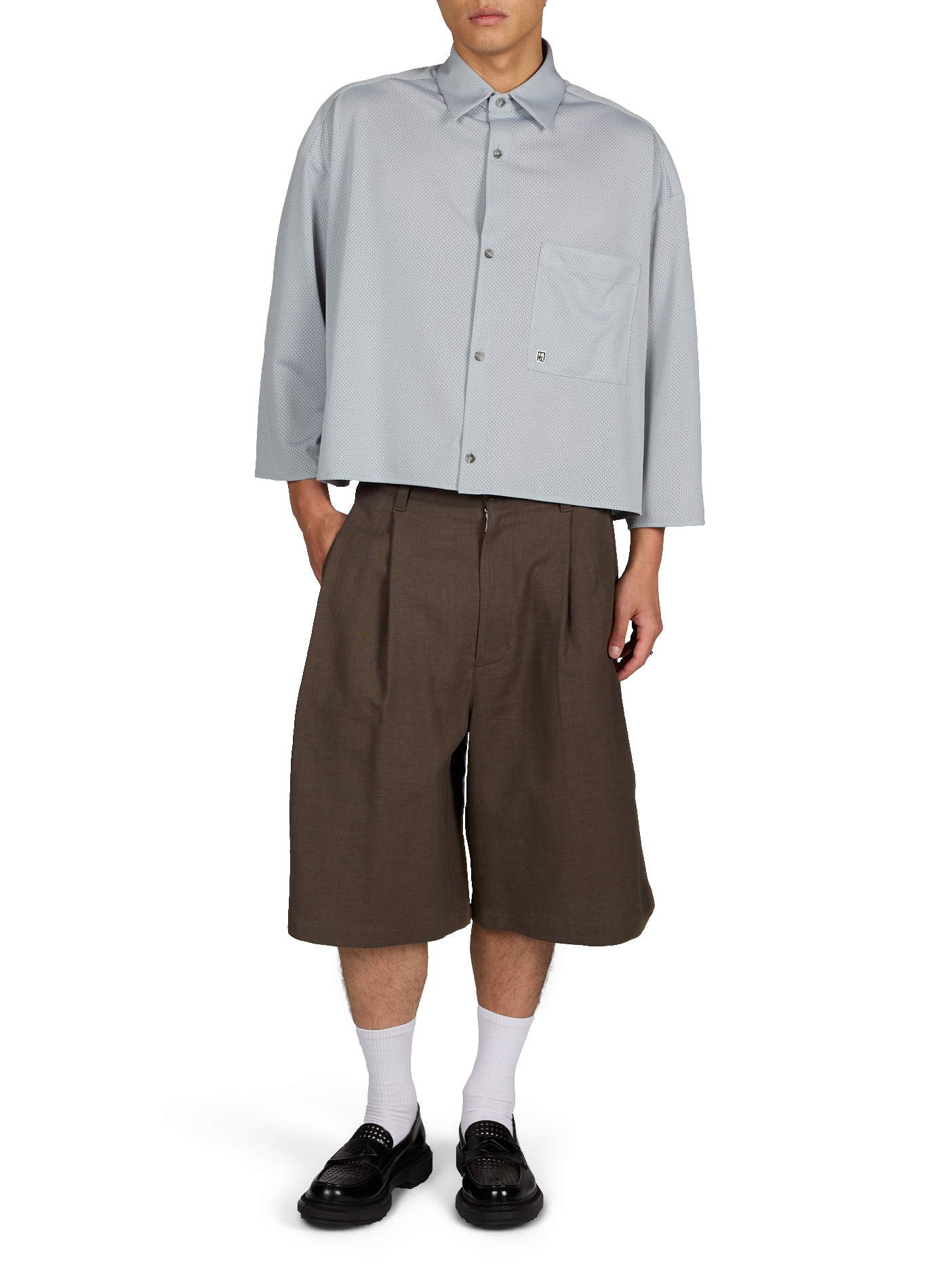 Camisa recta con detalle calado y bolsillo de parche MERELY MADE Azul