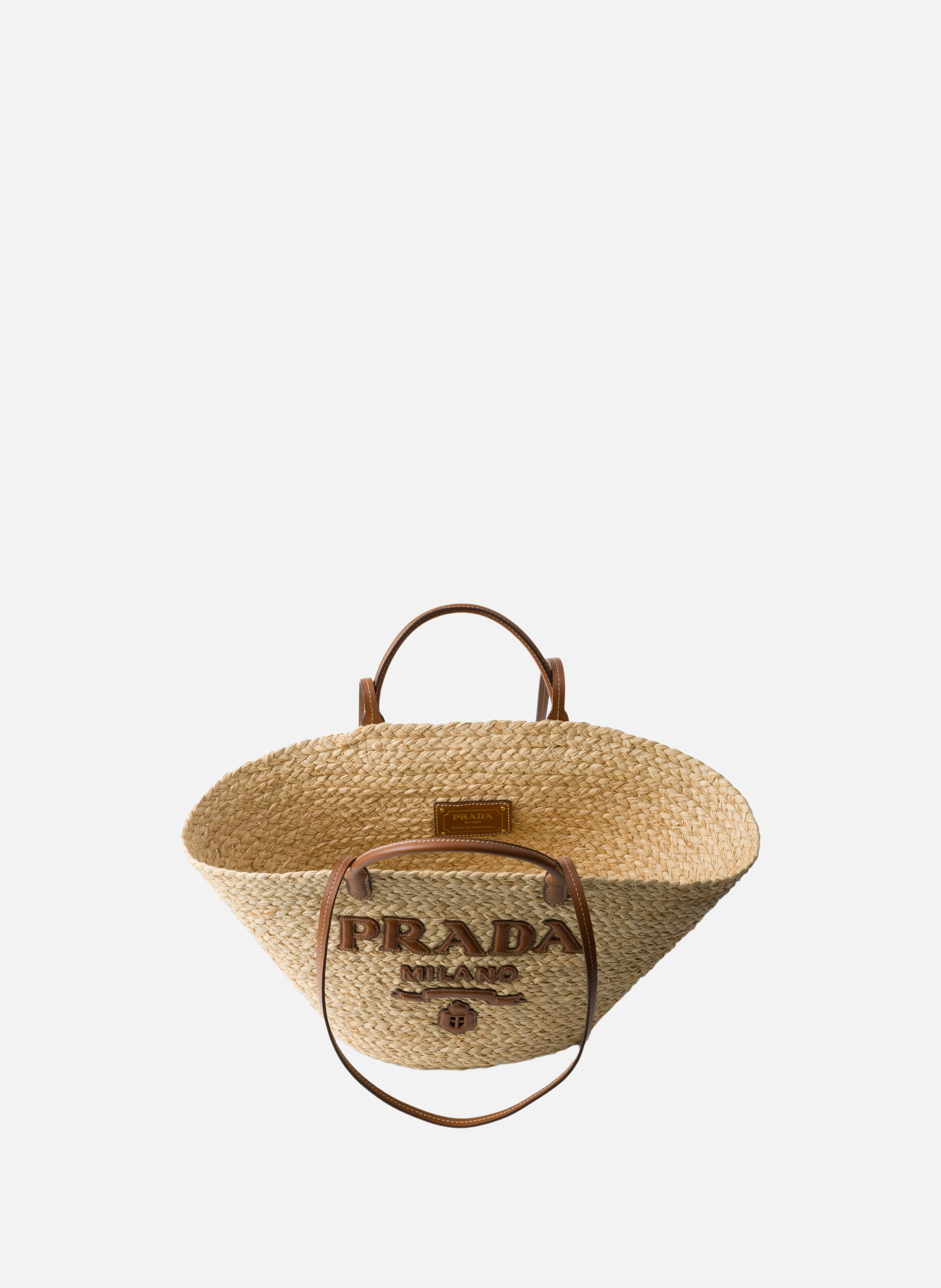 Grand shopping bag en raphia et cuir PRADA Beige