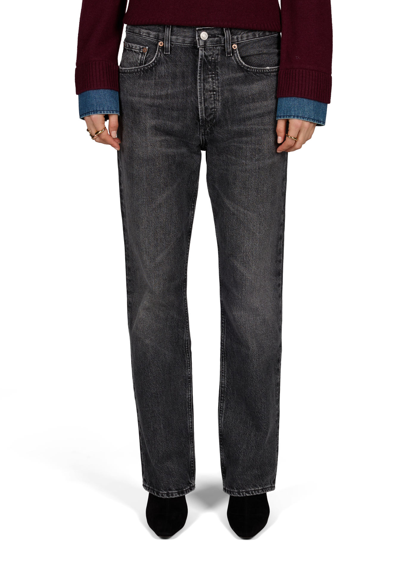 Jean droit Lana taille haute en denim de coton | Gris AGOLDE Femme