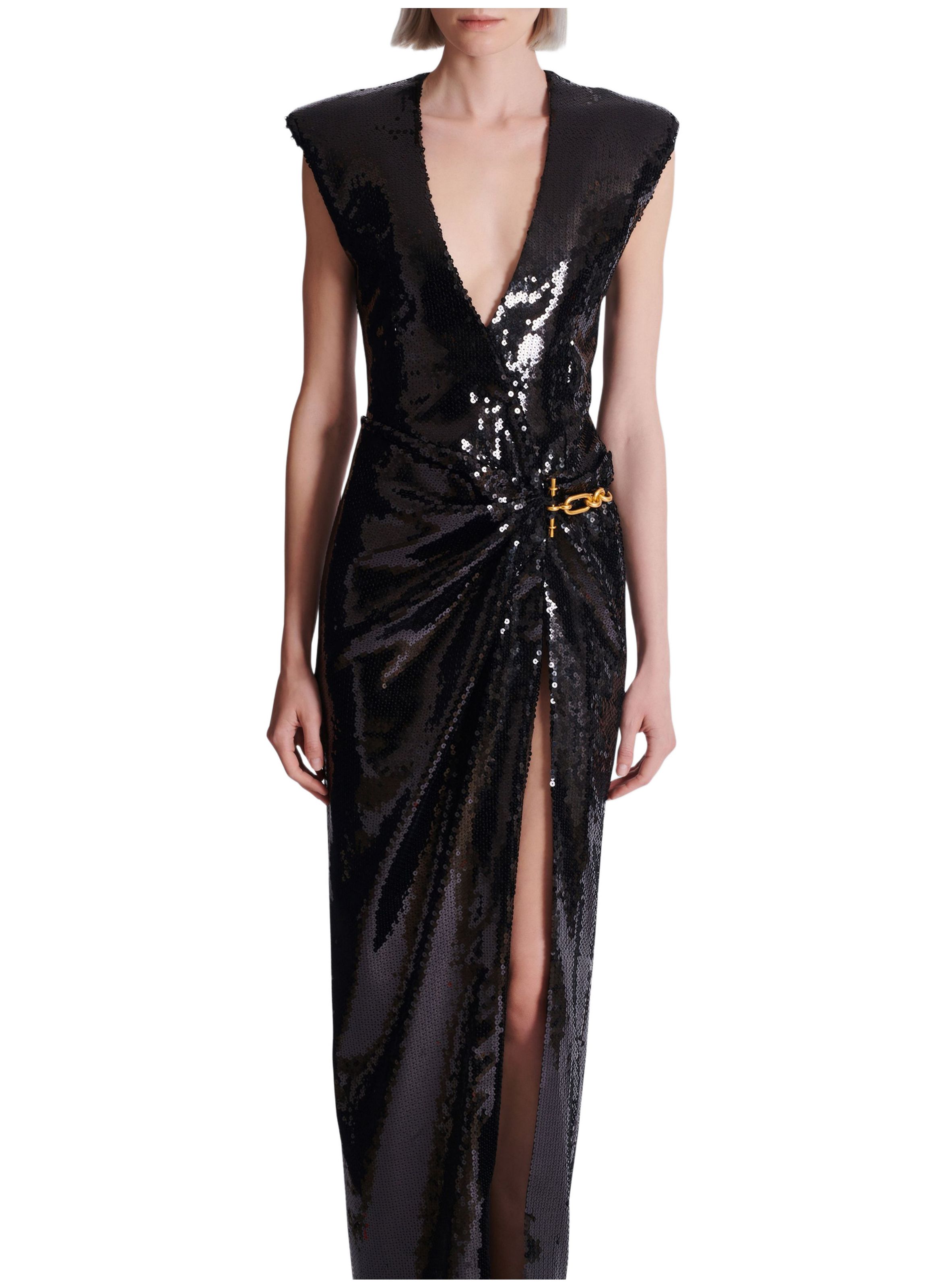 Robe longue drapée à sequins avec détail bijou BALMAIN Noir