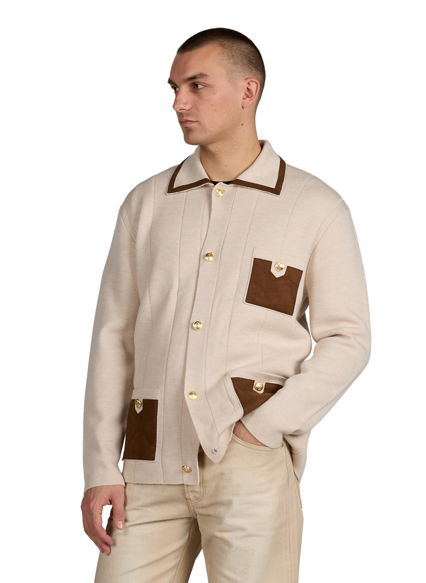 Ribbed cardigan with classic merino wool collar DROLE DE MONSIEUR Beige