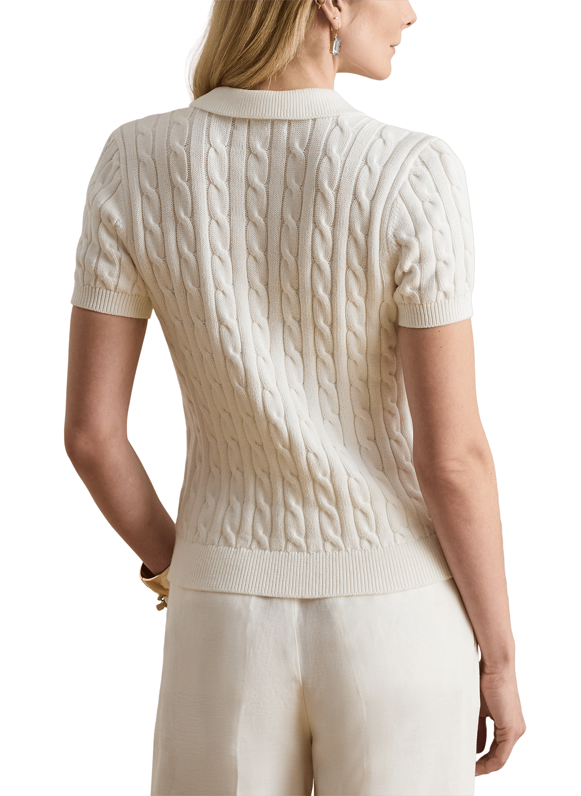 Polo neck twisted knit cotton sweater White