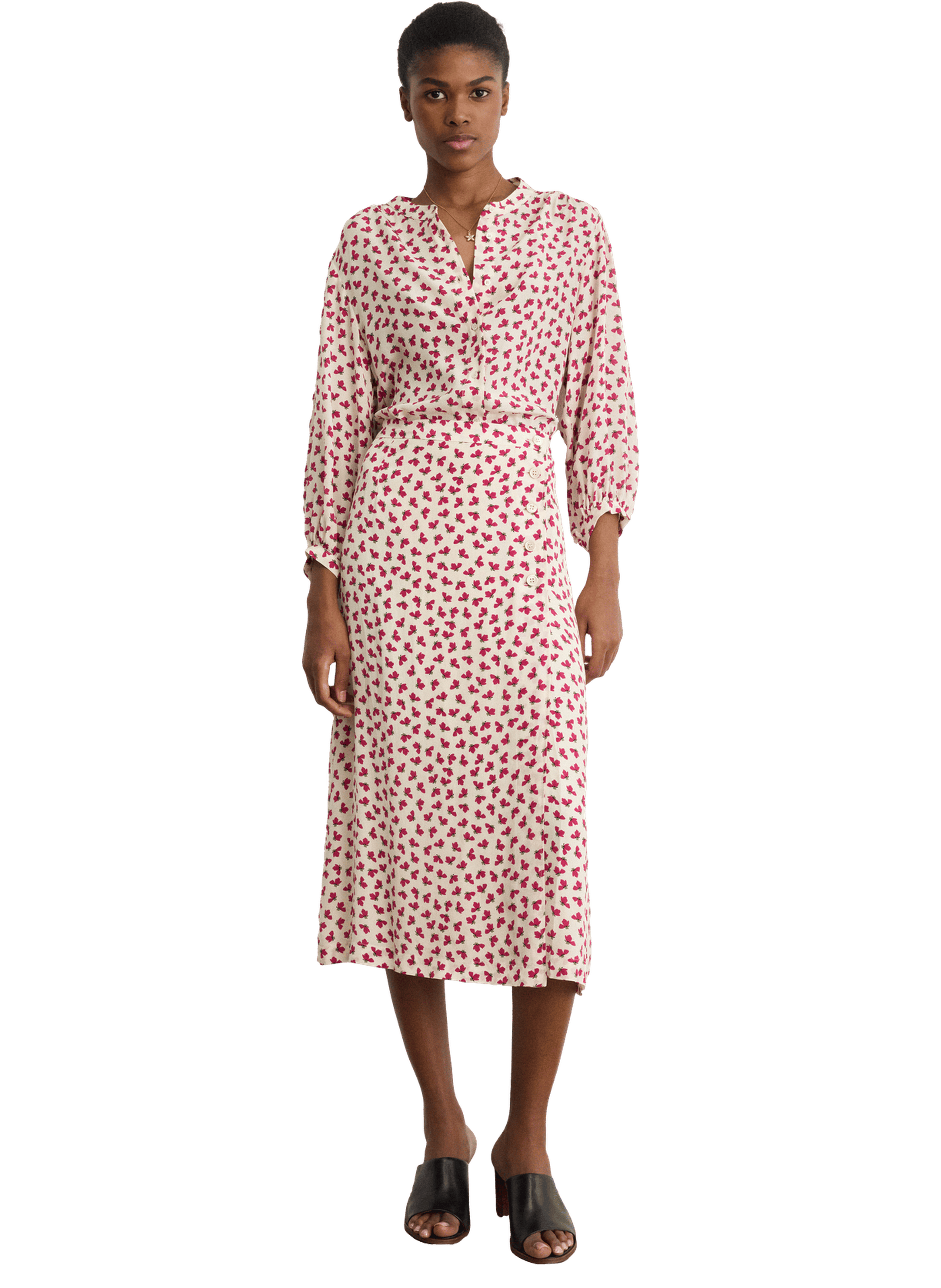 Jupe midi à fleurs et boutons - nassira PABLO Beige