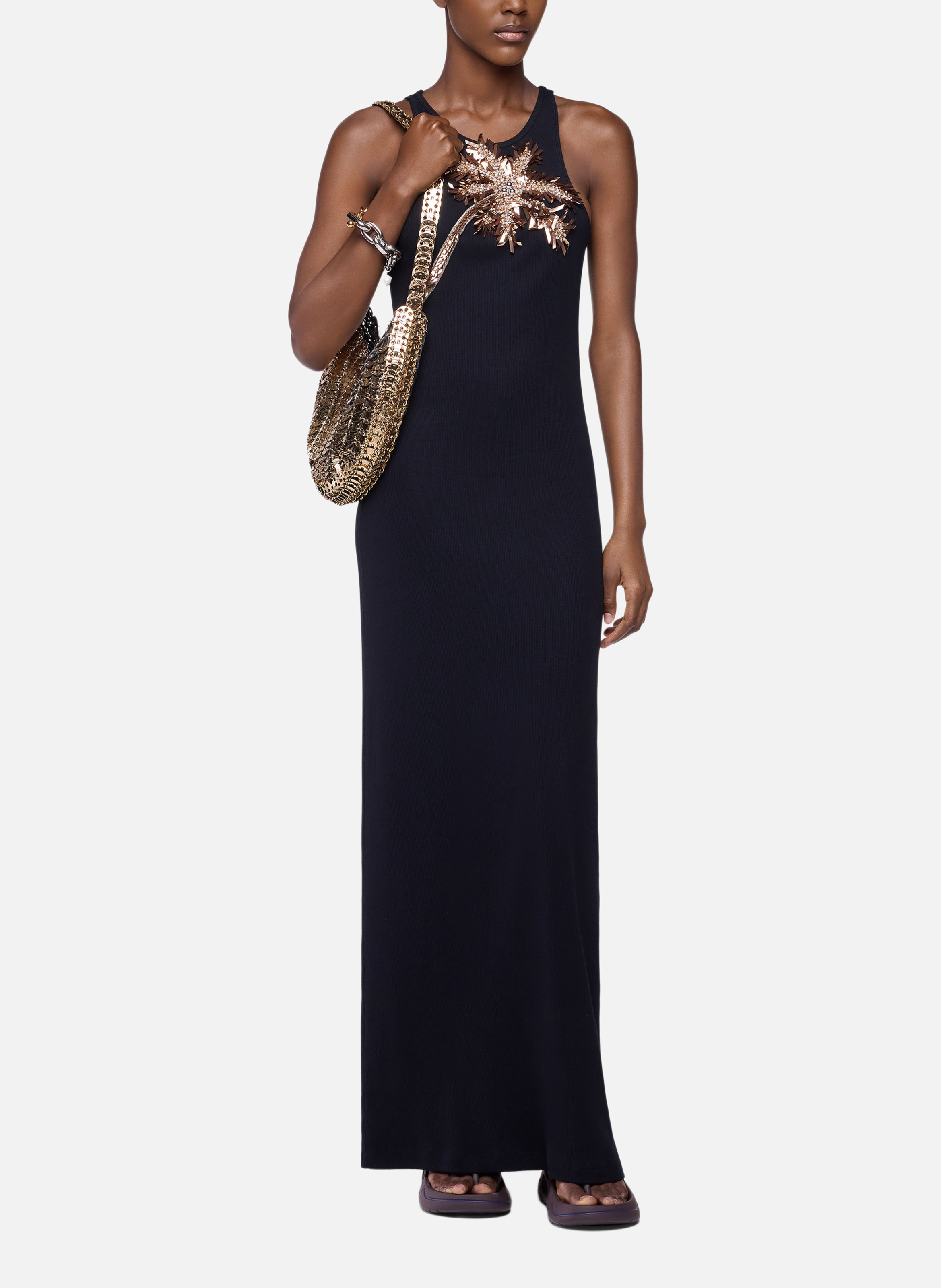 Robe longue en coton avec broderie en forme de palmier RABANNE Noir