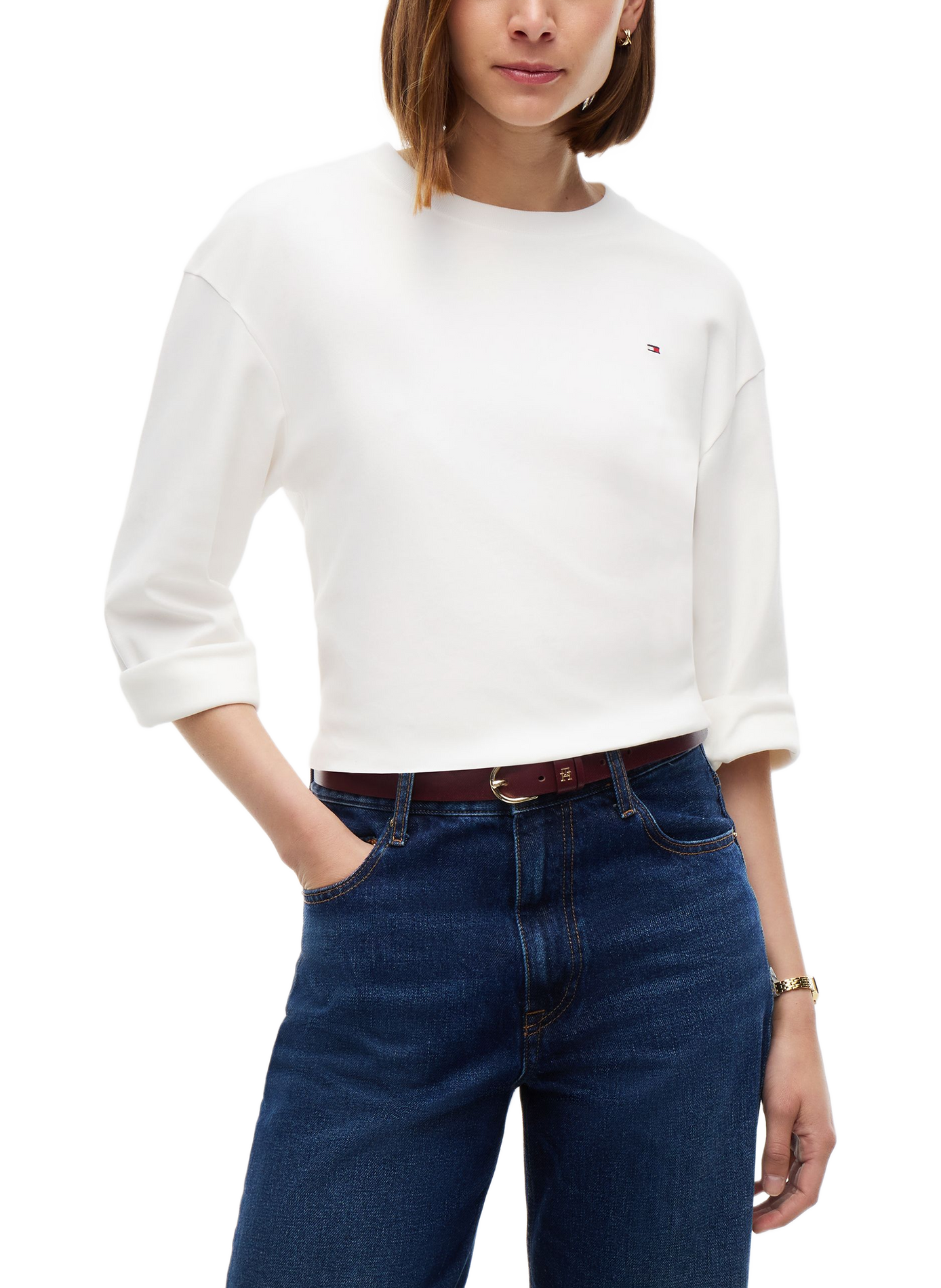 T-shirt manches longues droit col rond en coton TOMMY HILFIGER Blanc