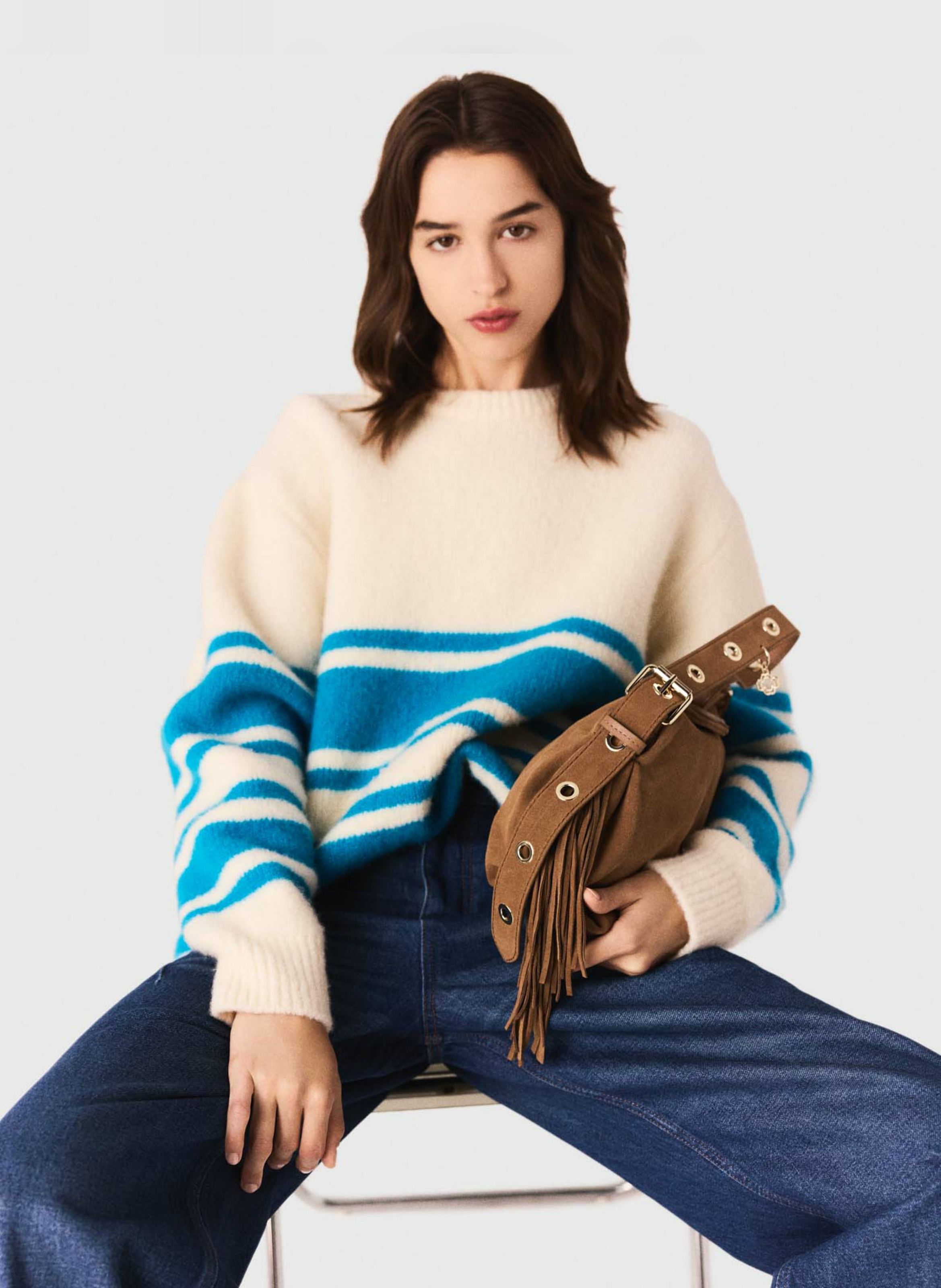 Pull col rond rayures en laine mélangée MAJE Beige