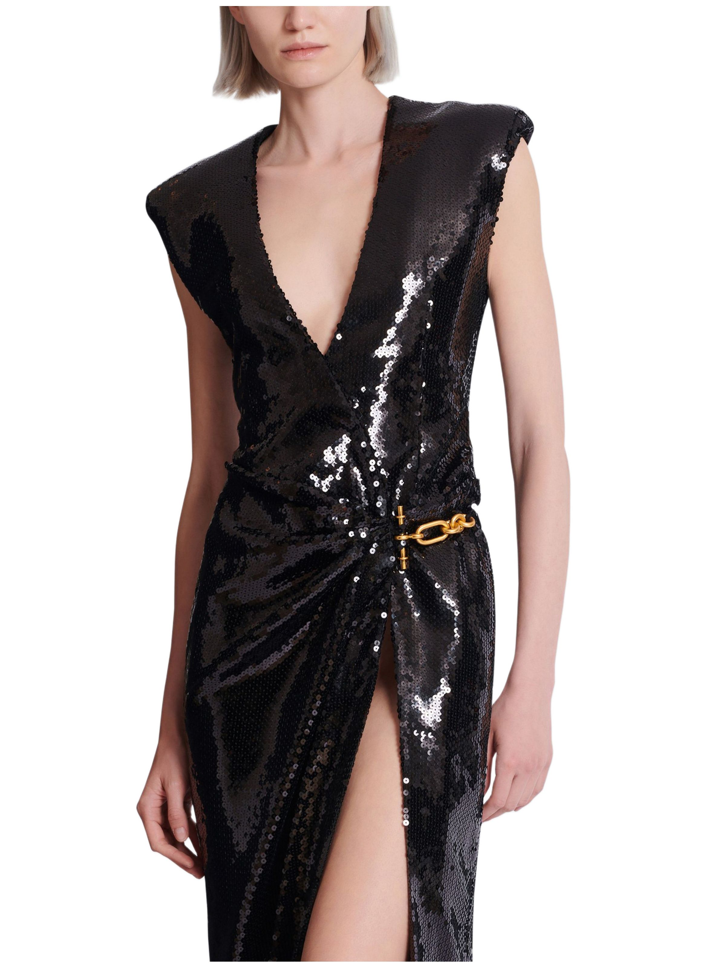 Robe longue drapée à sequins avec détail bijou BALMAIN Noir