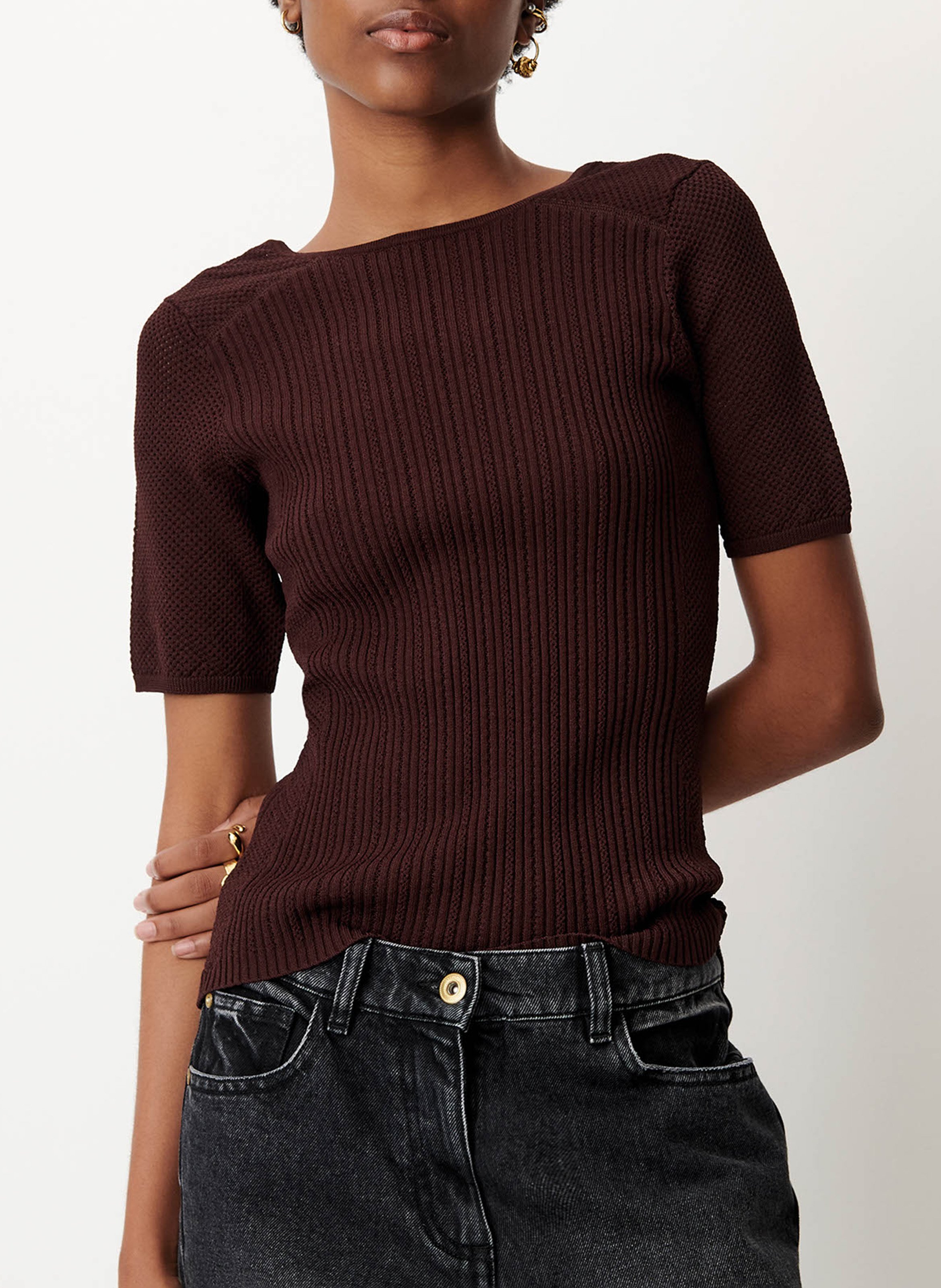 Top droit col rond en coton limone SESSUN Marron