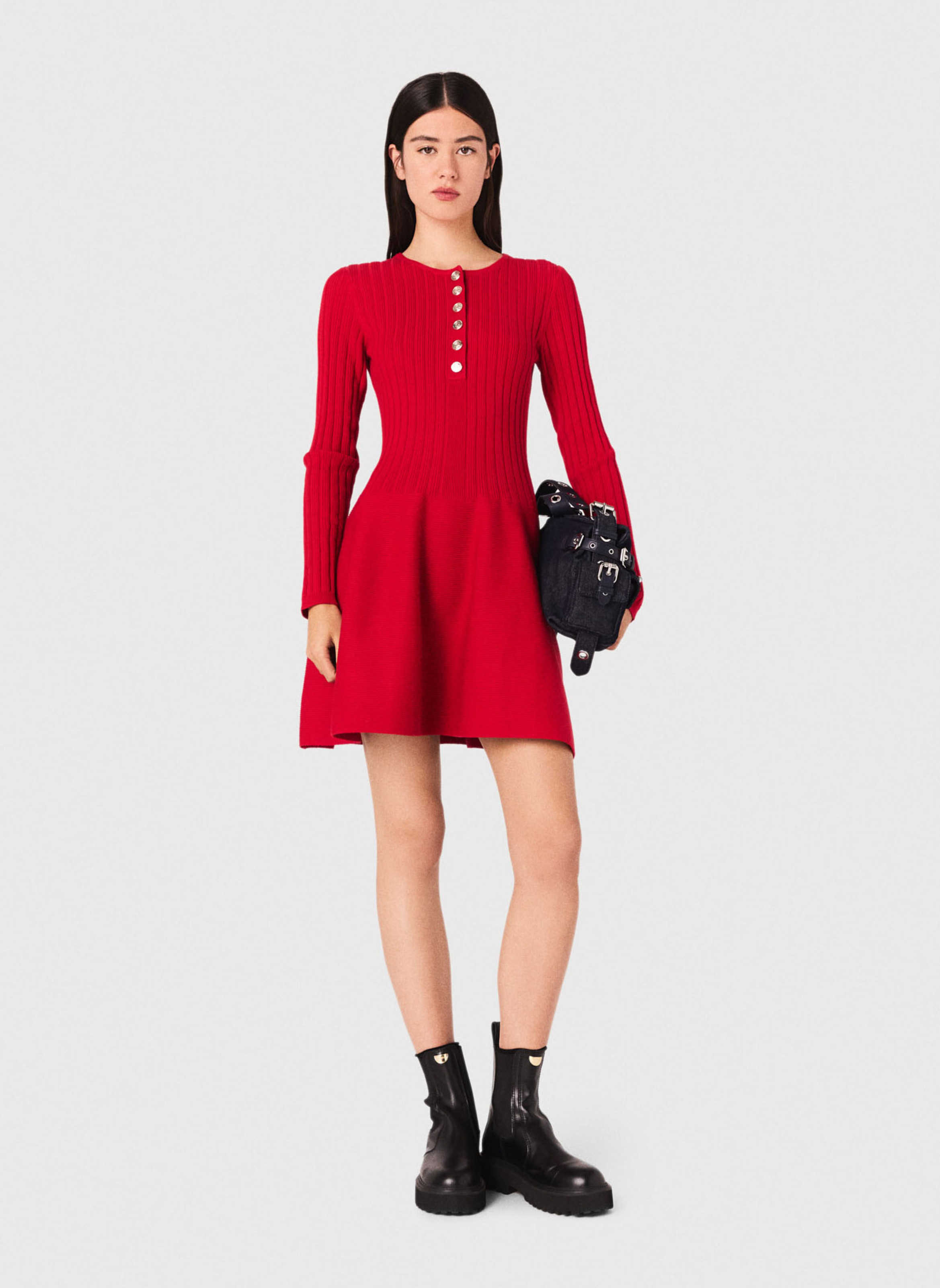MAJE Robe courte boutonnée à col rond Rouge