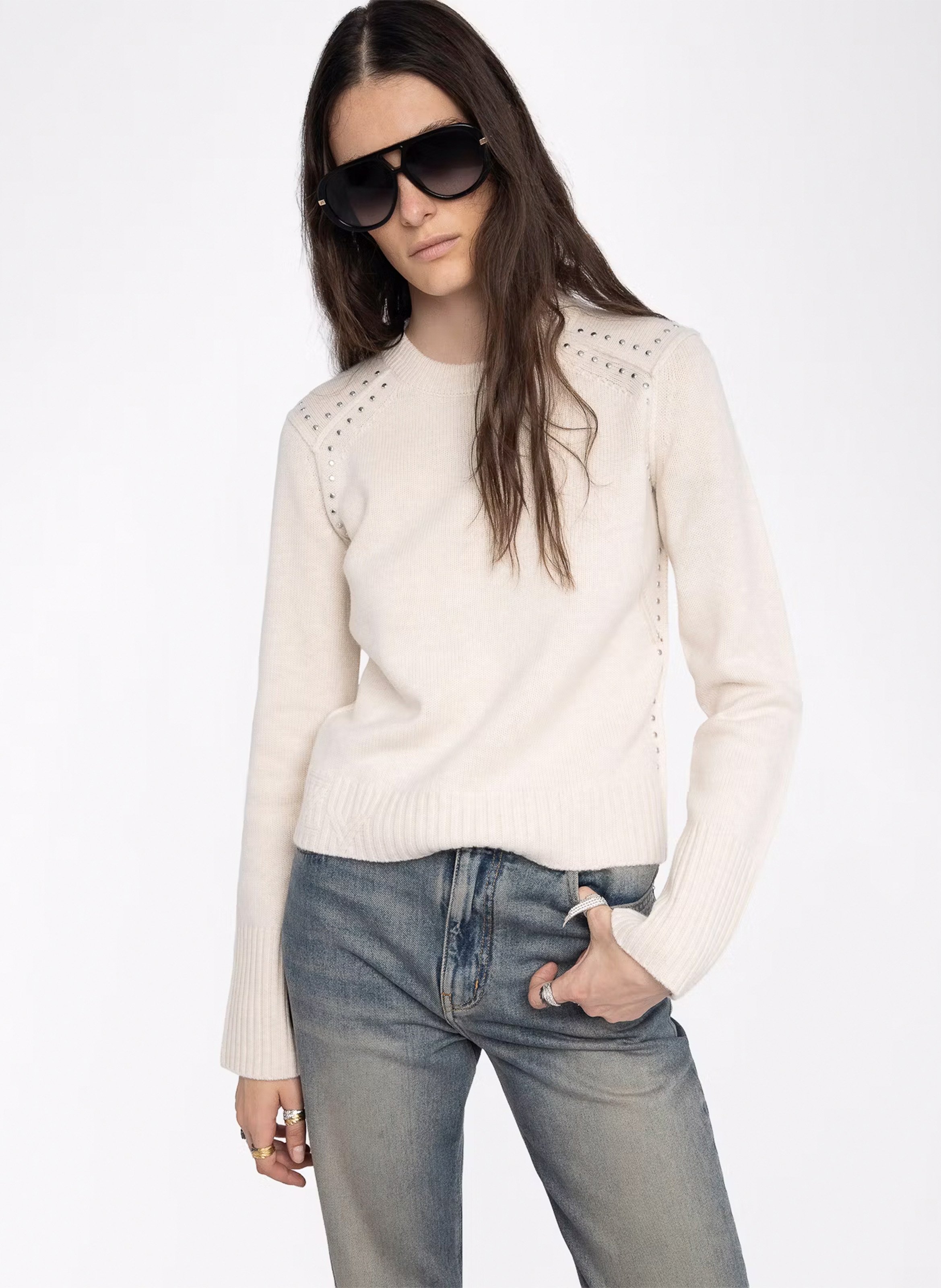 Pull droit col rond en laine et cachemire nalty ZADIG&VOLTAIRE Blanc