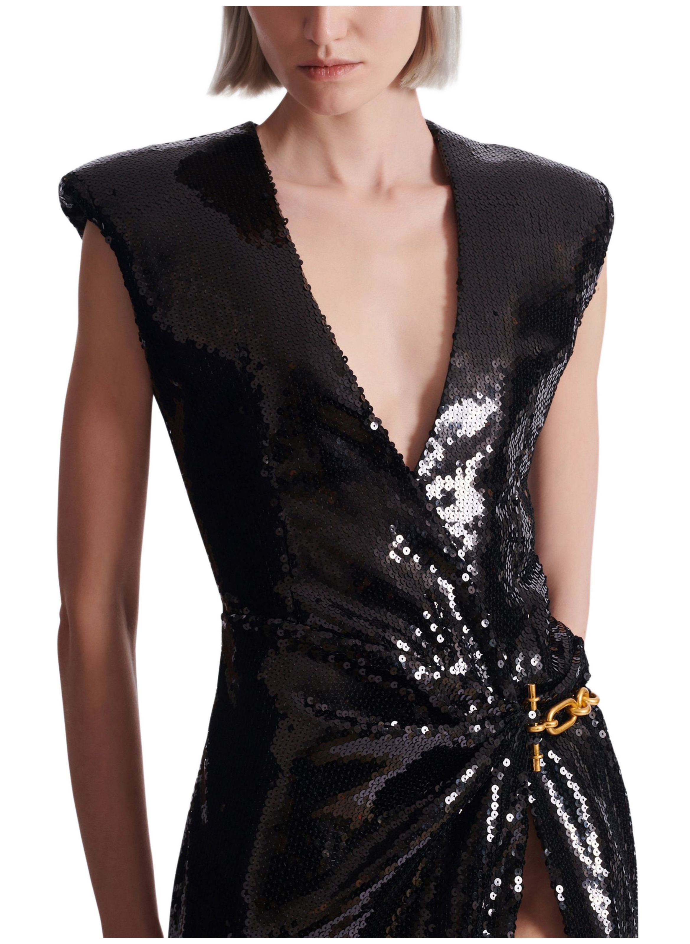 Robe longue drapée à sequins avec détail bijou BALMAIN Noir