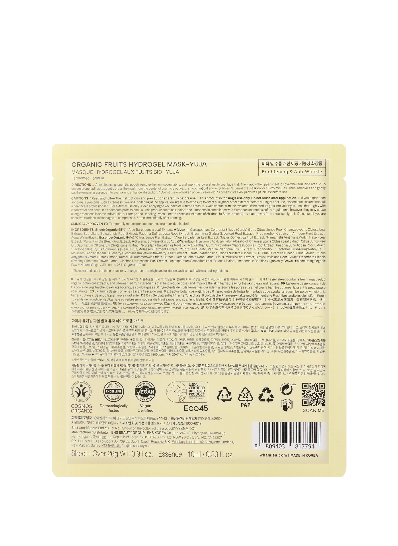 Masque Hydrogel aux Fruits Bio Fermentés WHAMISA No color