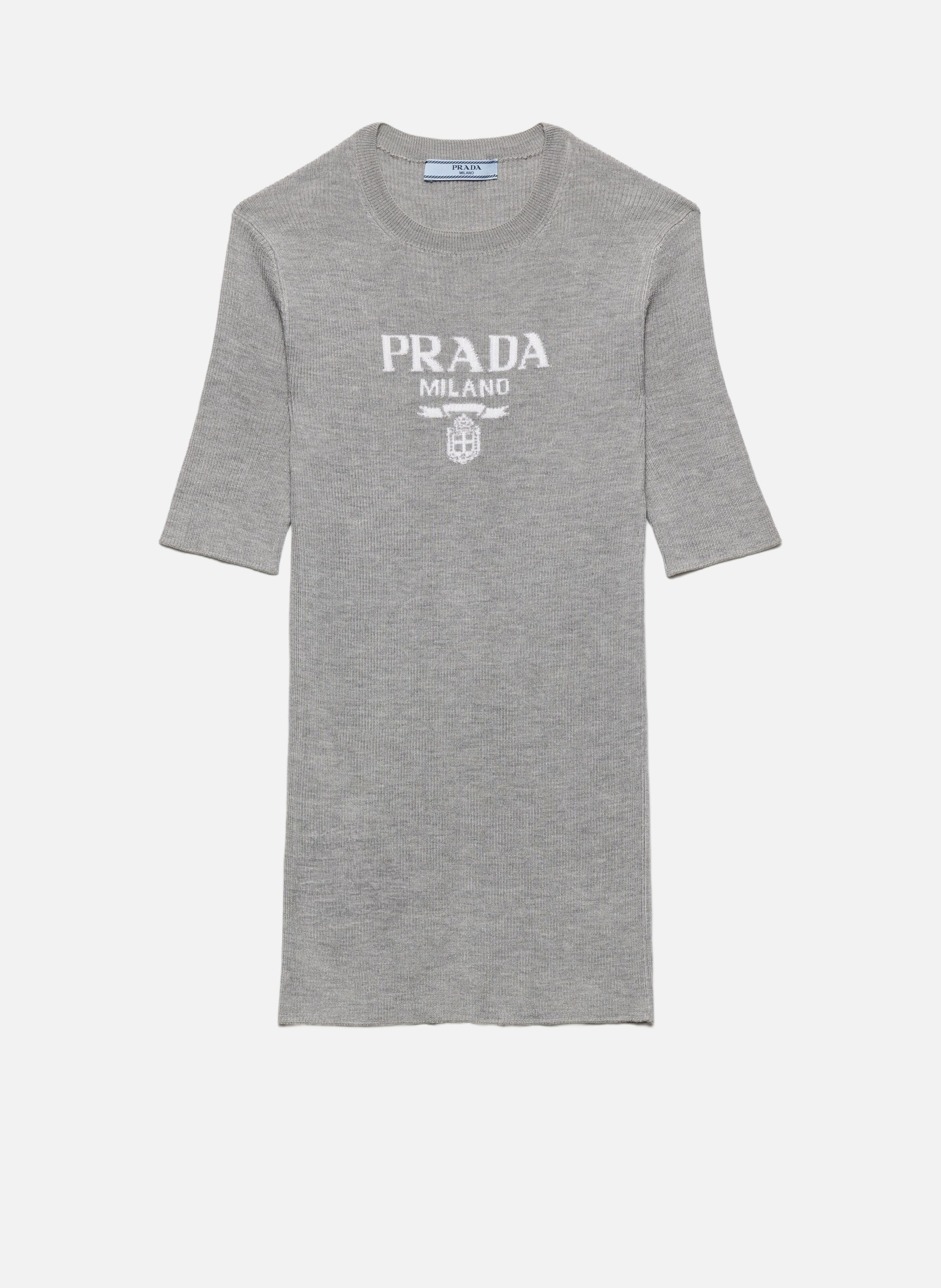 Pull à col rond en soie avec logo PRADA Gris