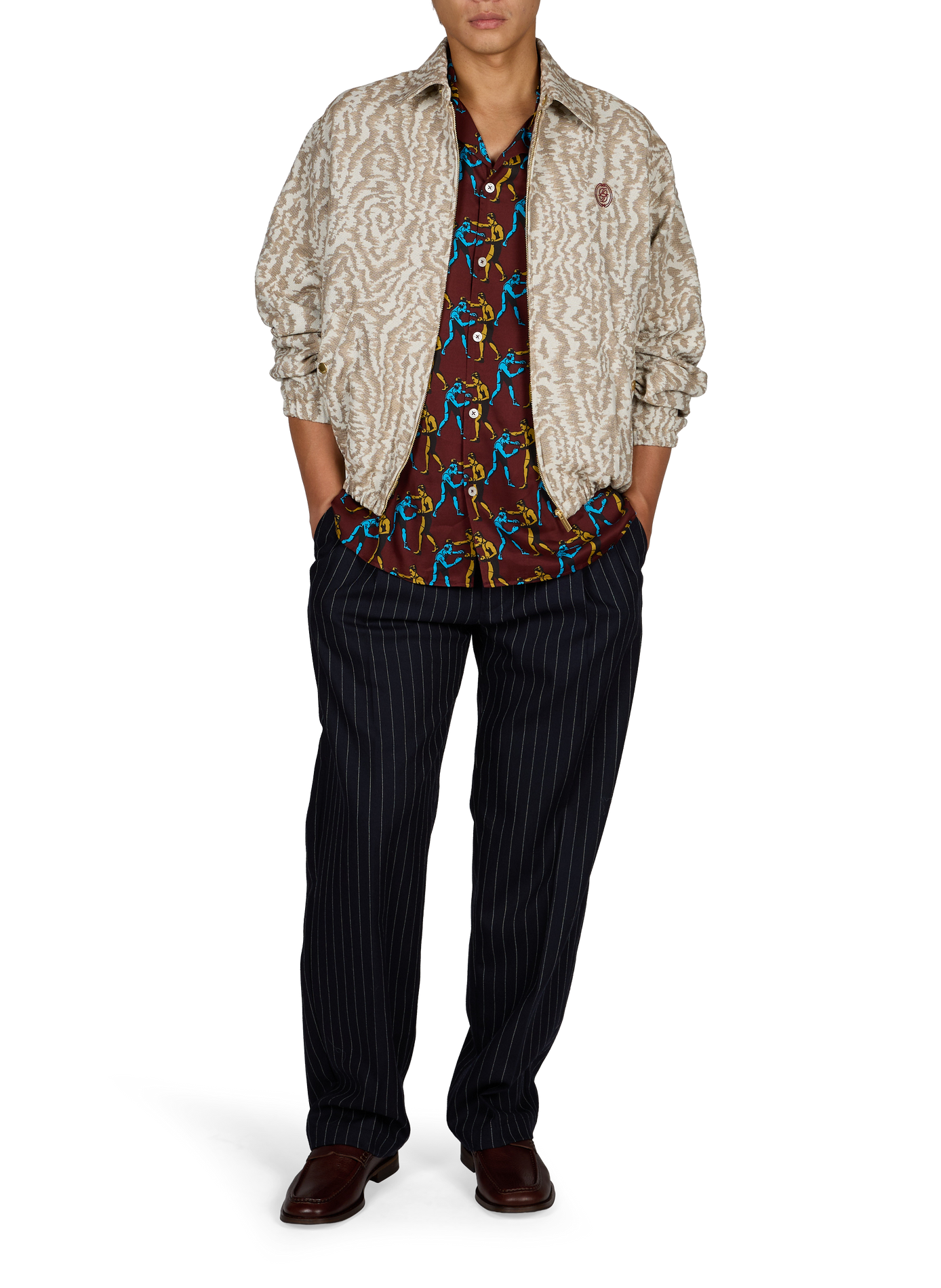 Oversized jacket with classic collar and print DROLE DE MONSIEUR Beige