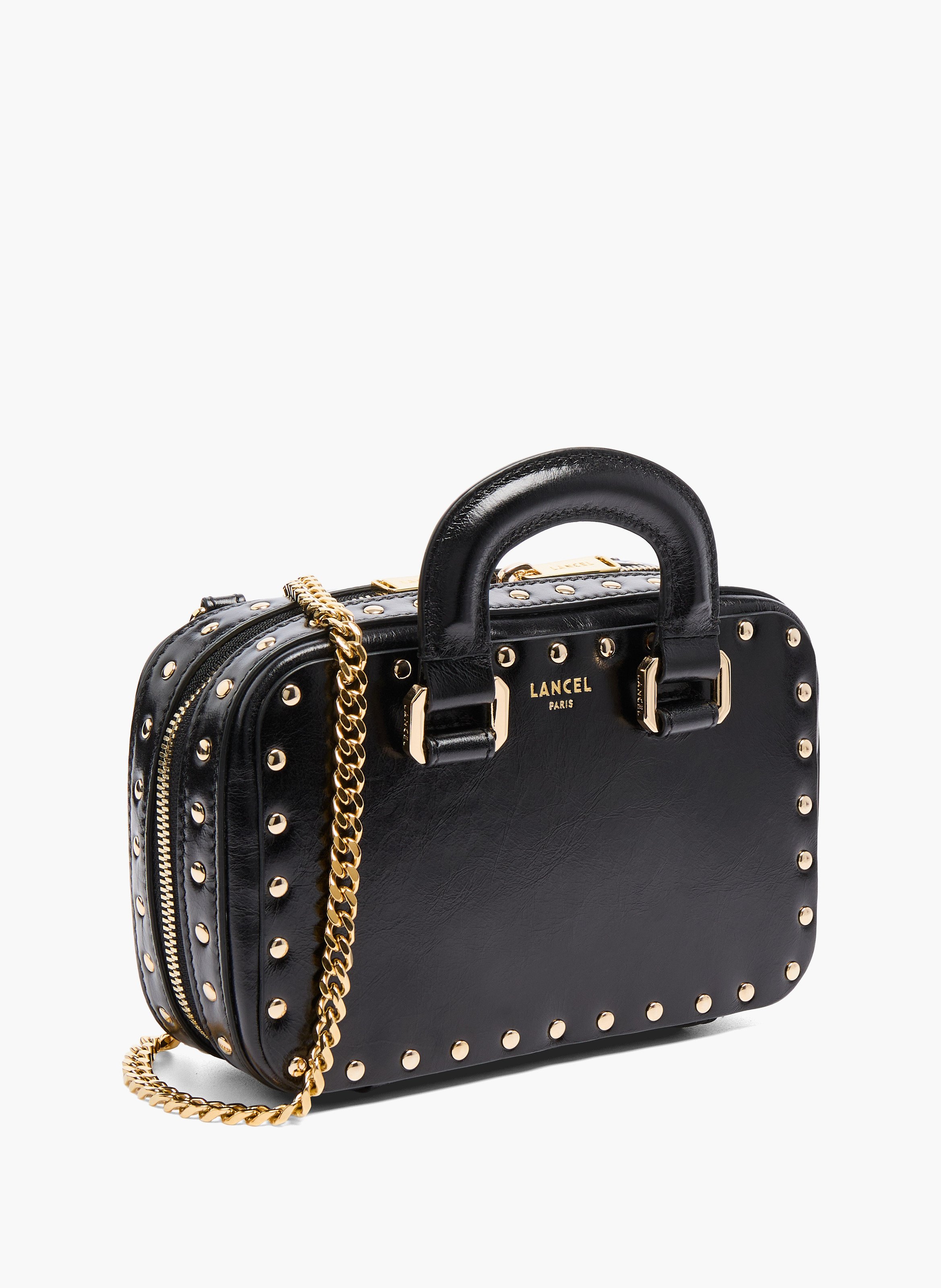 Petit sac vanity, cuir de vachette vintage avec clous. LANCEL Noir