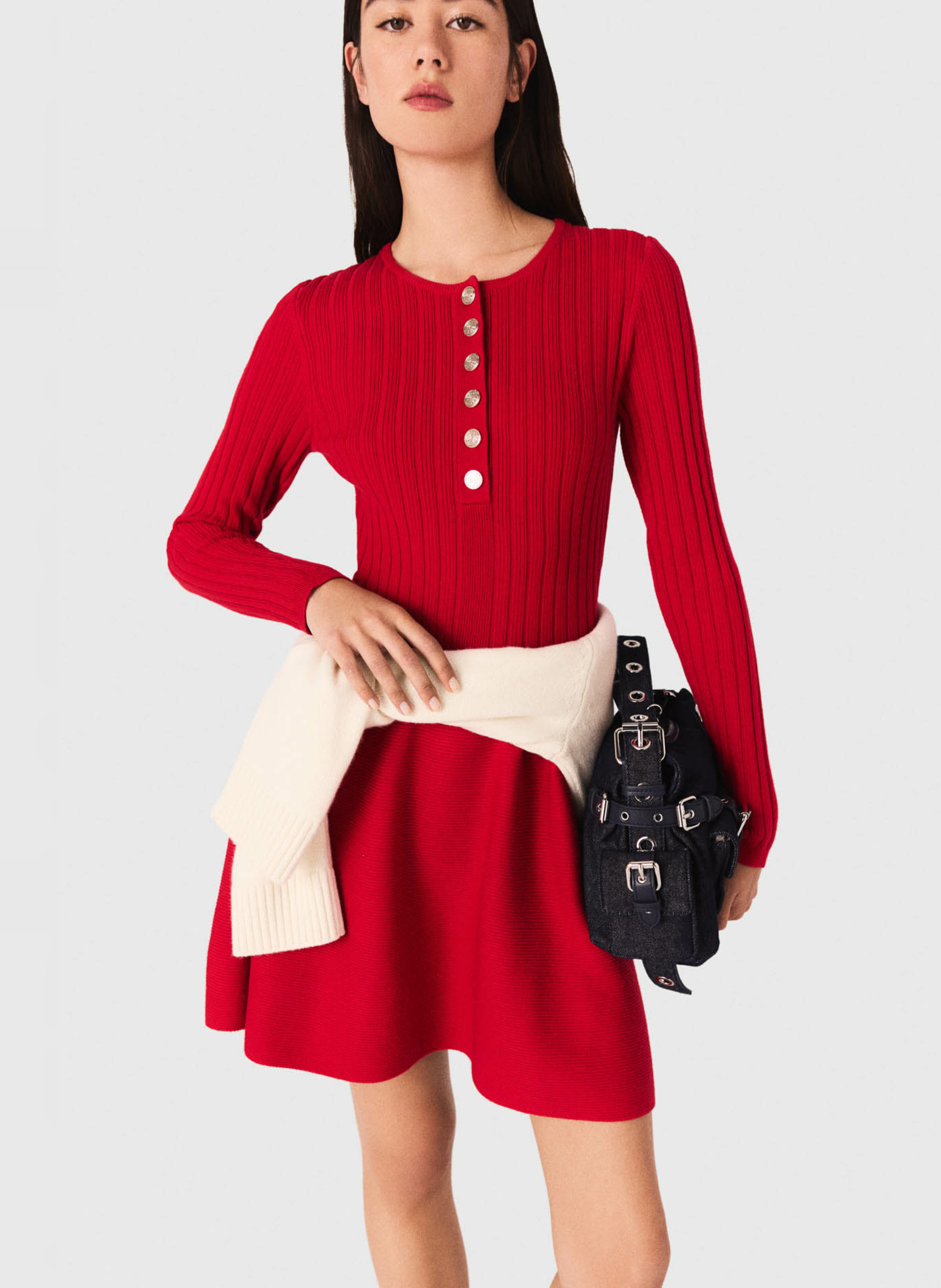 Robe courte boutonnée à col rond Rouge