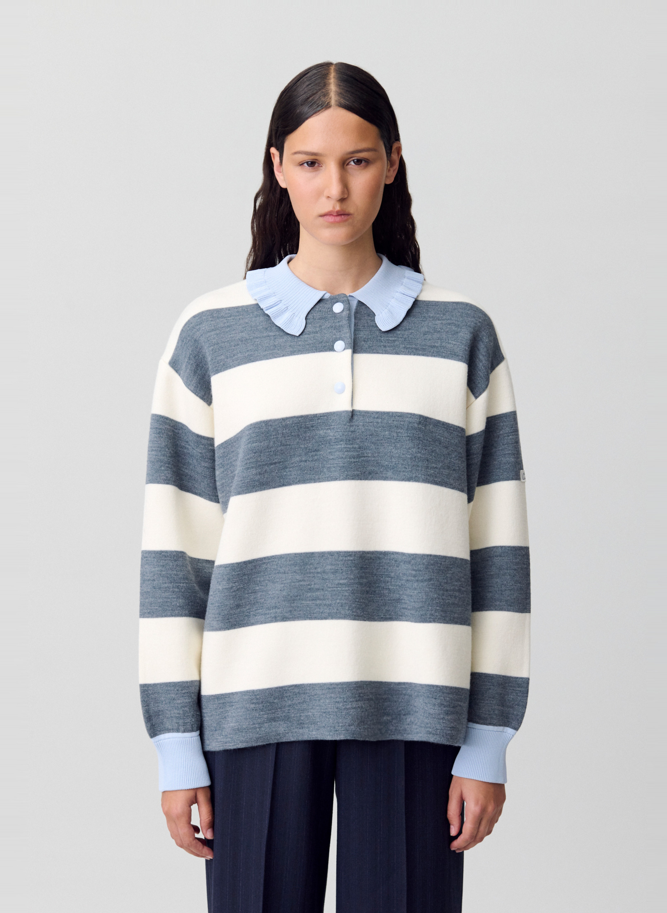 Pull col polo à rayures manon  Gris chine