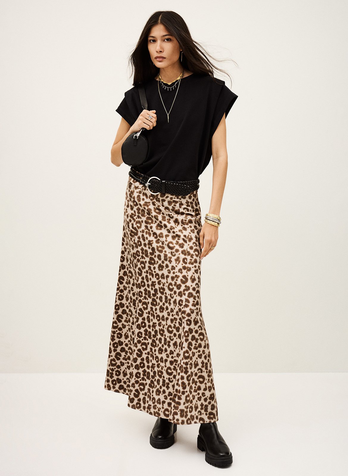 Jupe longue évasée léopard en satin blaire BA&SH Beige
