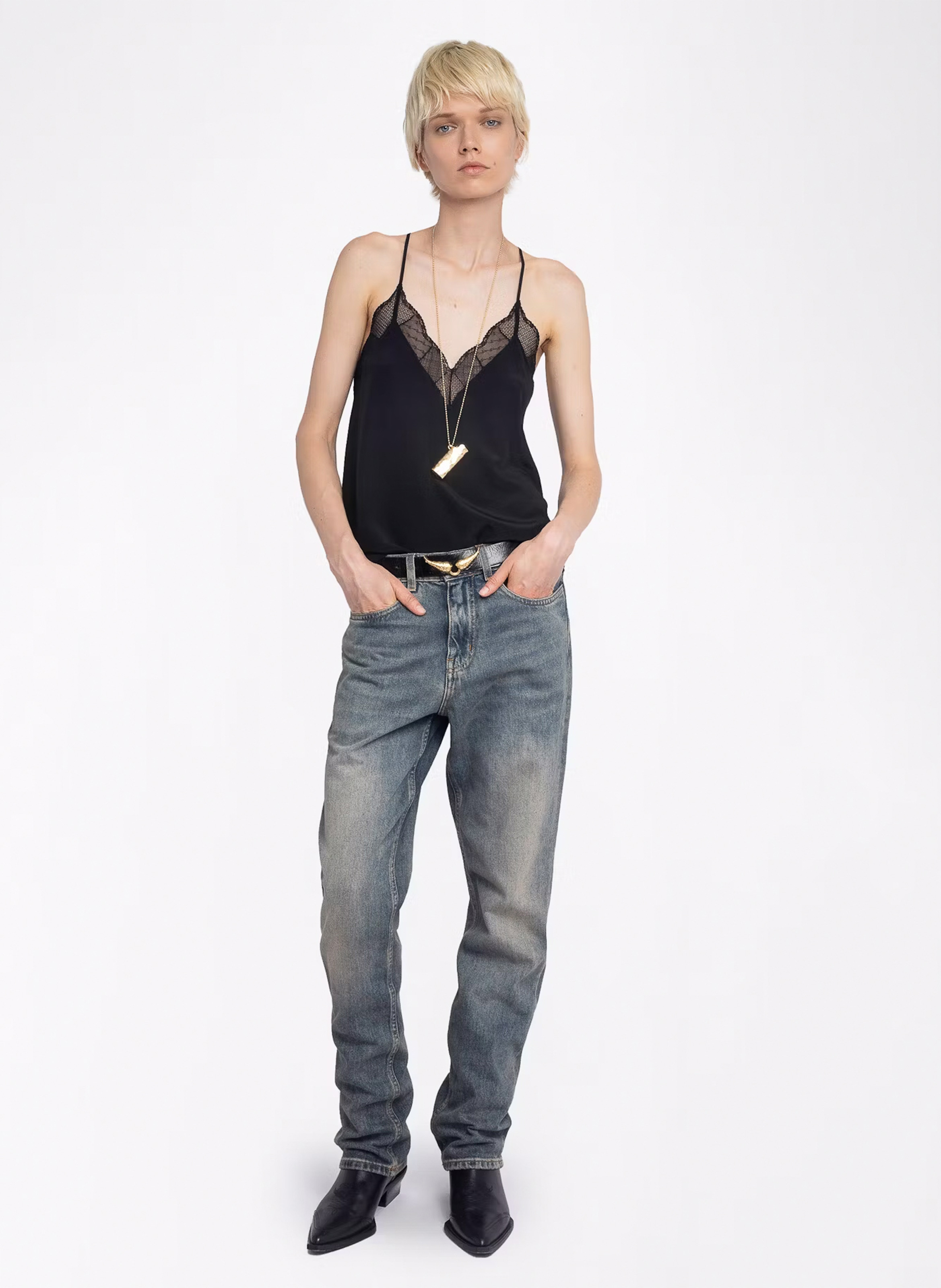 Débardeur uni à dentelle en soie christy ZADIG&VOLTAIRE Noir