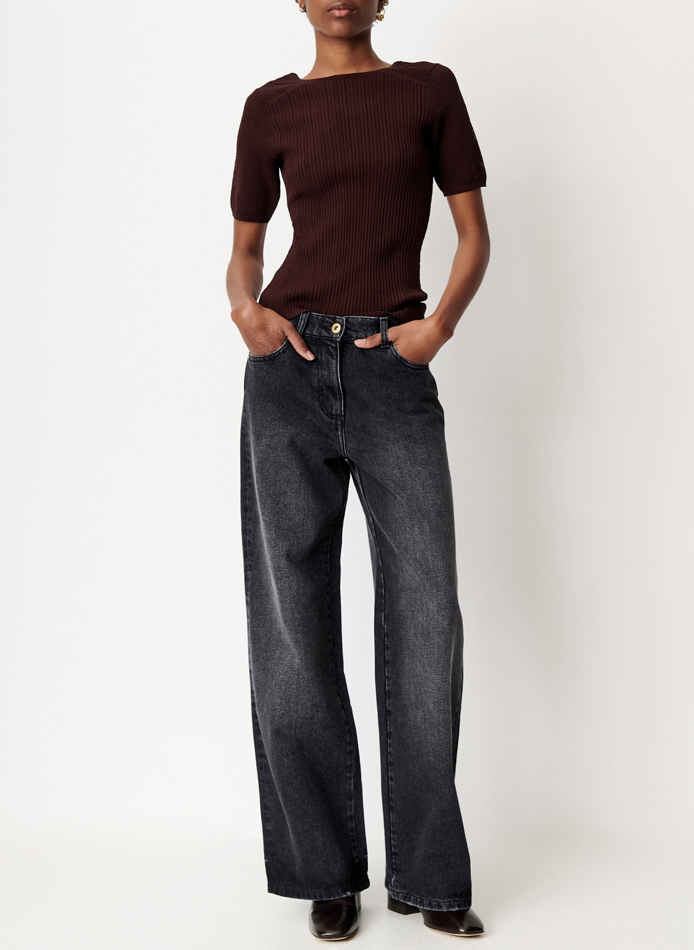 Top droit col rond en coton limone SESSUN Marron