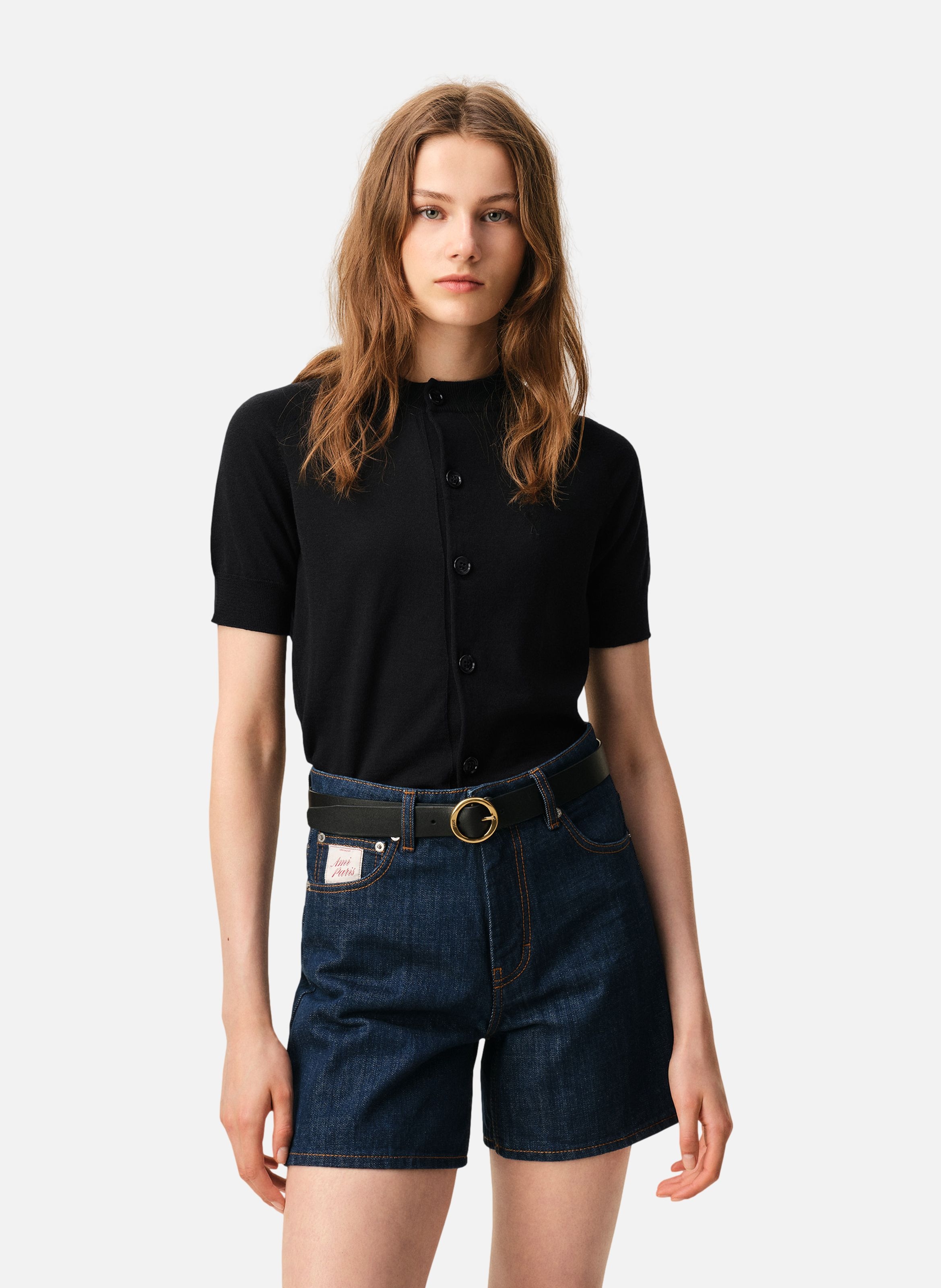 Cardigan col rond manches courtes avec ami de coeur en laine AMI PARIS Noir