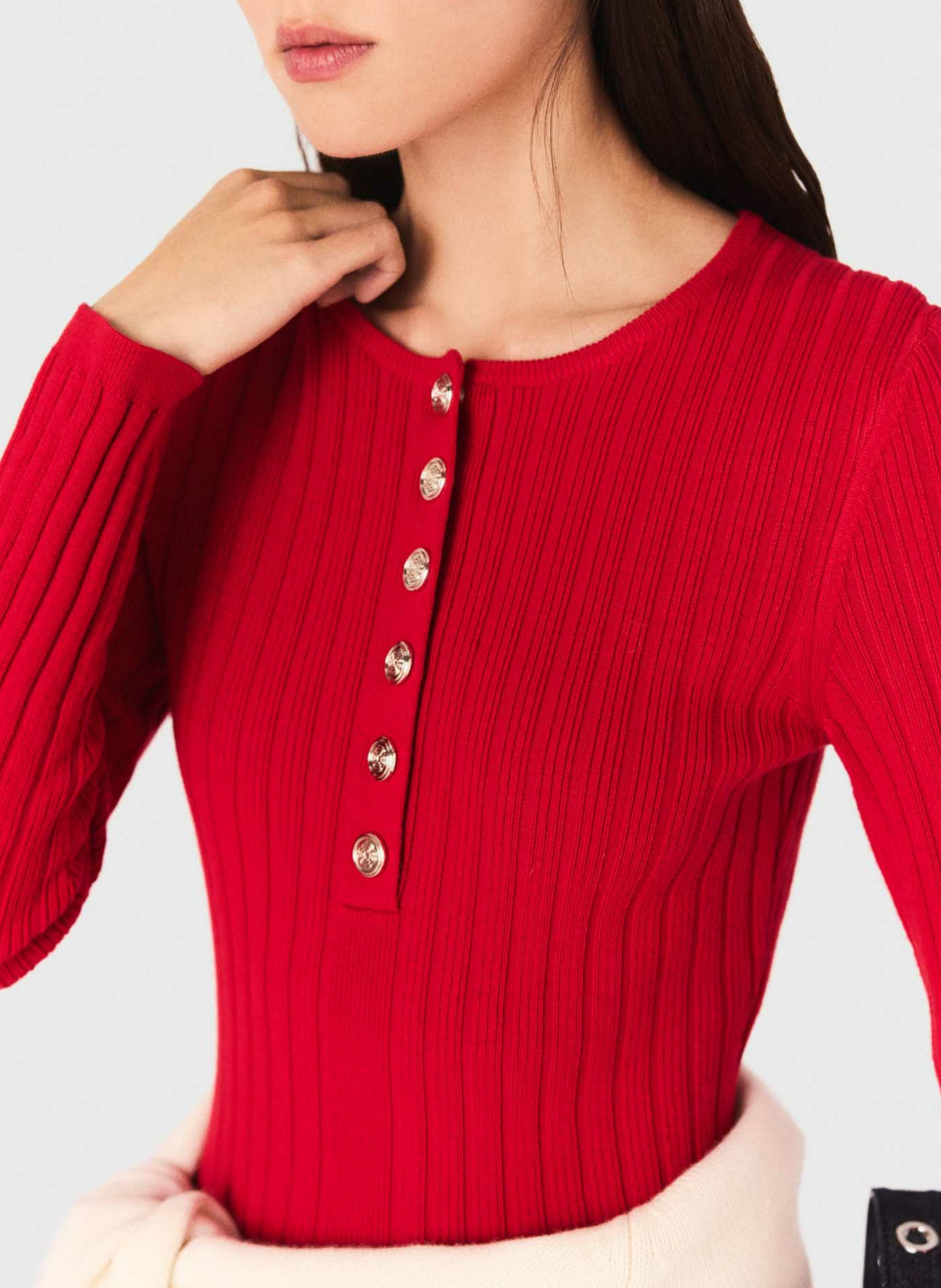 Robe courte boutonnée à col rond Rouge