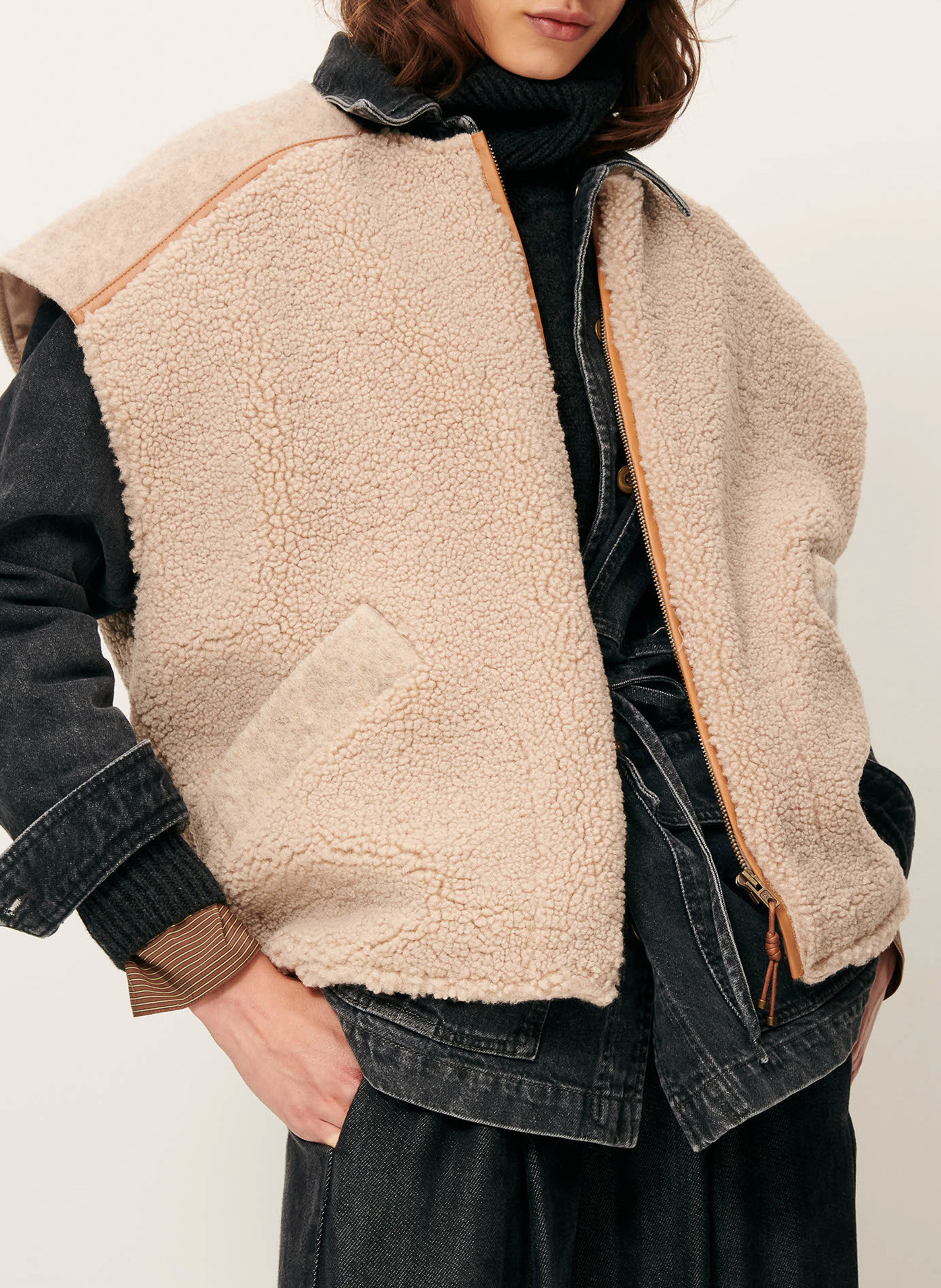 Veste sans manches zippée en fourrure bouclée mounty SESSUN Beige