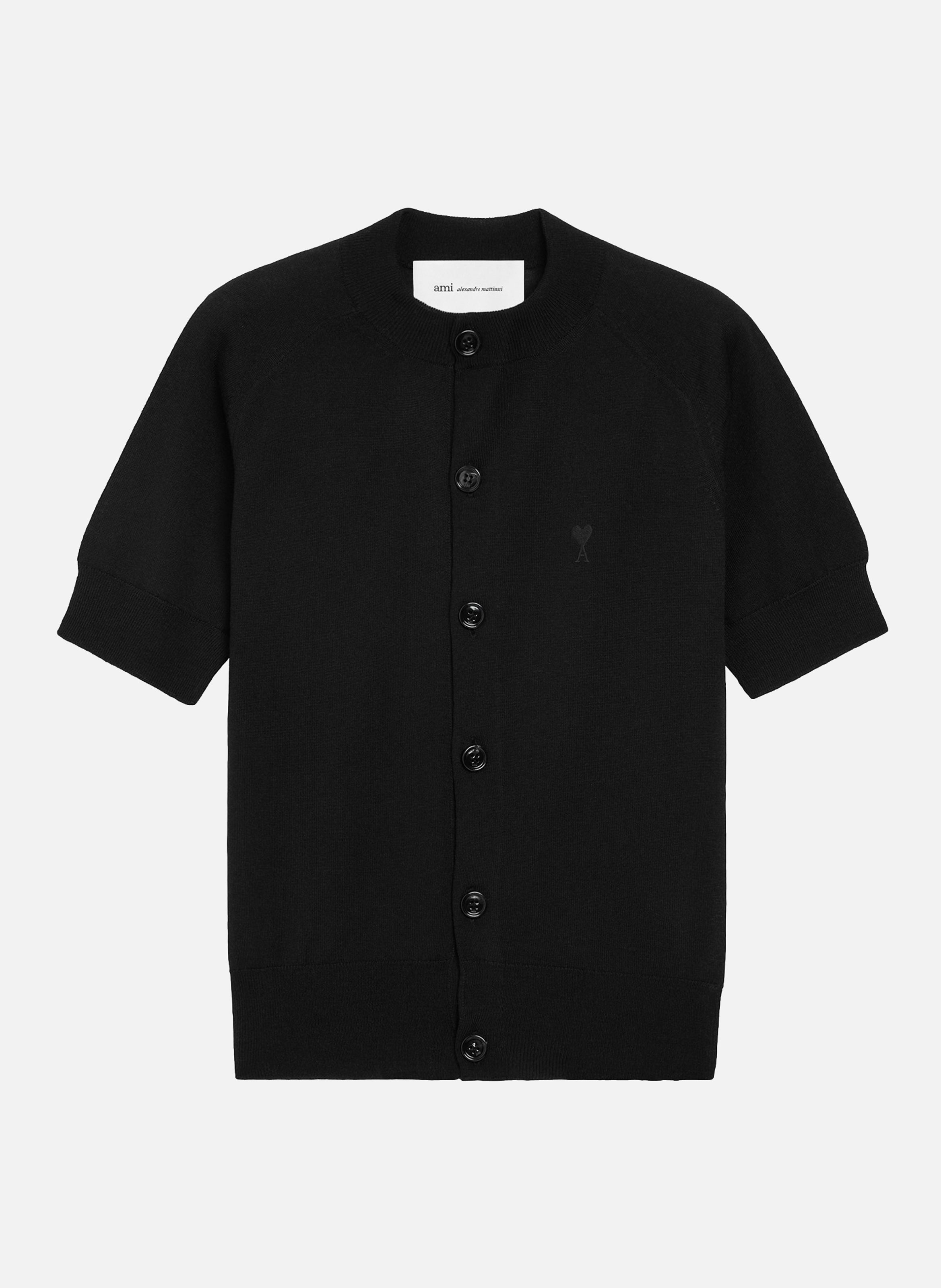 Cardigan col rond manches courtes avec ami de coeur en laine AMI PARIS Noir