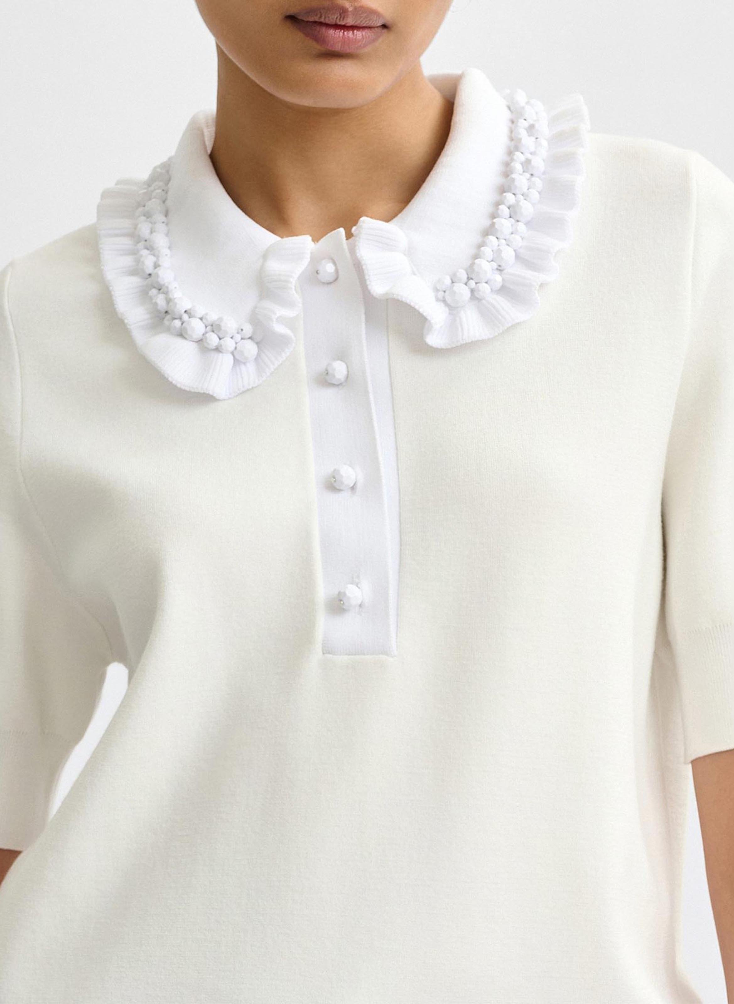 Polo manches courtes uni à volants jewelry Blanc